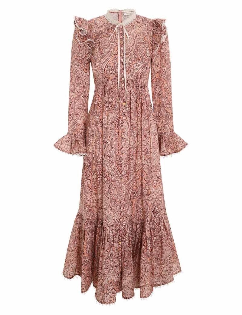 image of Zimmermann Wonderland Frilled Midi Dress in Blush Paisley, Women's (Size XS)