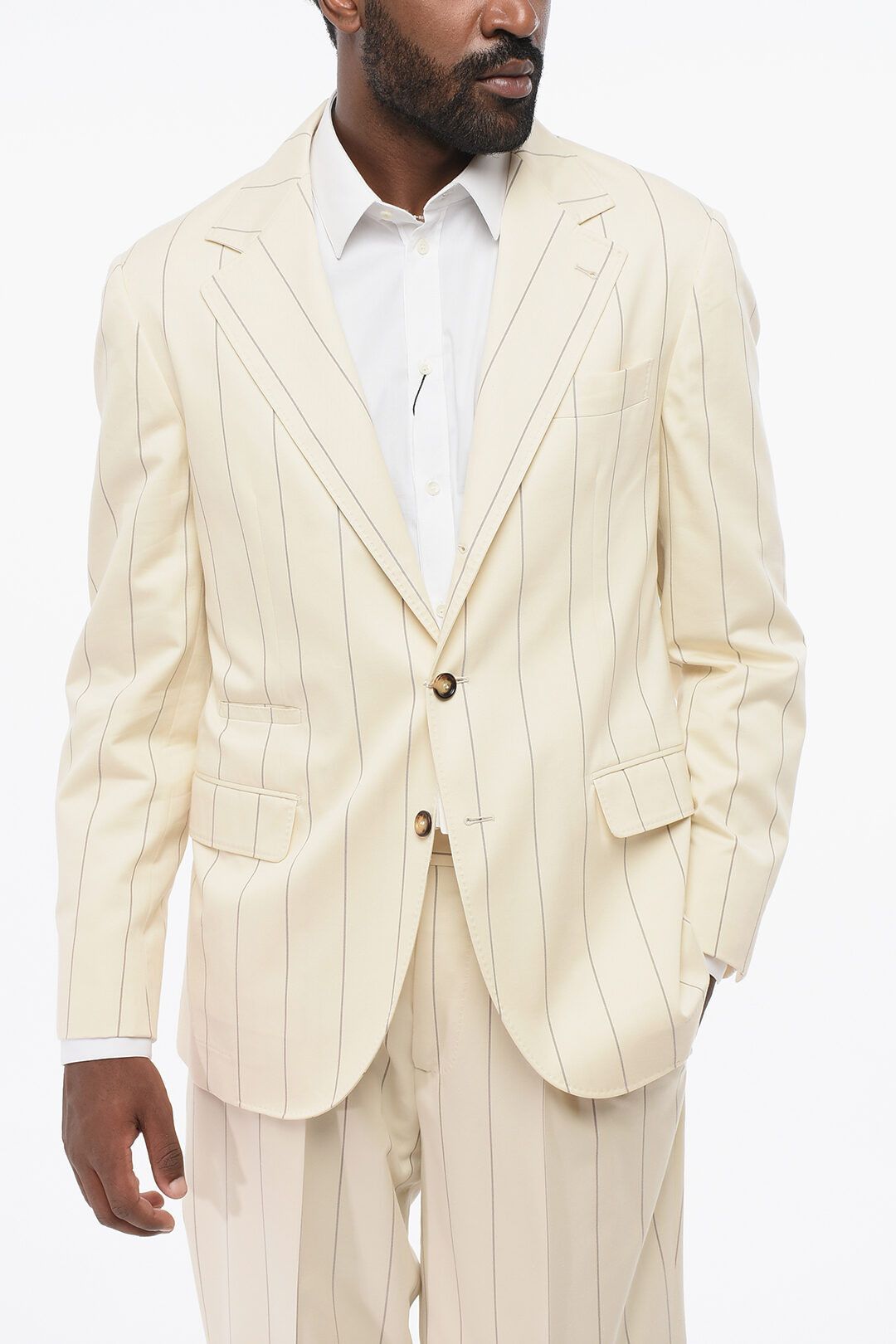 Brunello Cucinelli og1mm0725 Cotton and Wool Pinstriped Suit in Ivory Size US M / EU 48-50 / 2 - 2 Thumbnail