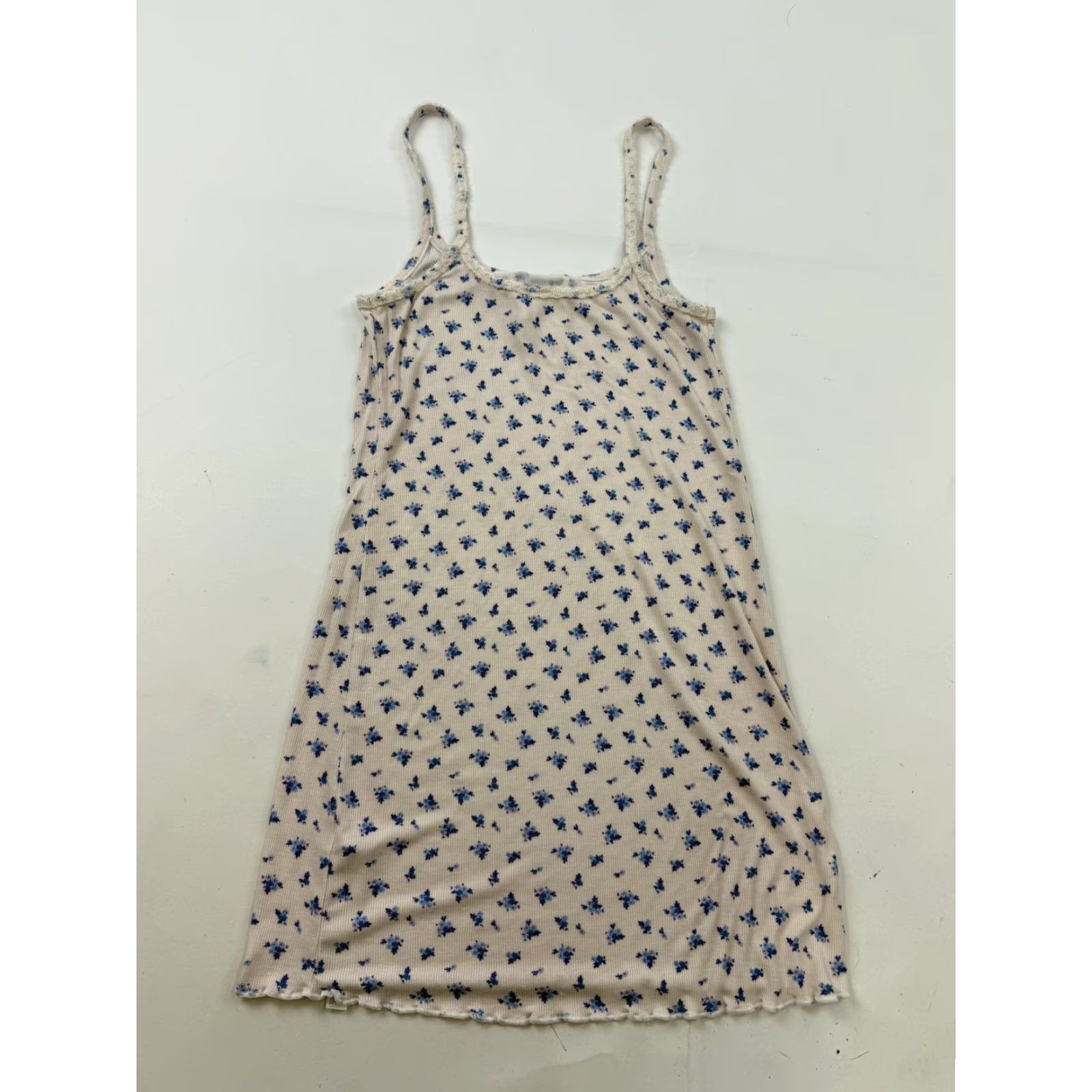 Vintage Out From Under Nightgown Womens Small White Blue Floral Ribbed Chemise Lace Trim Size ONE SIZE - 5 Thumbnail