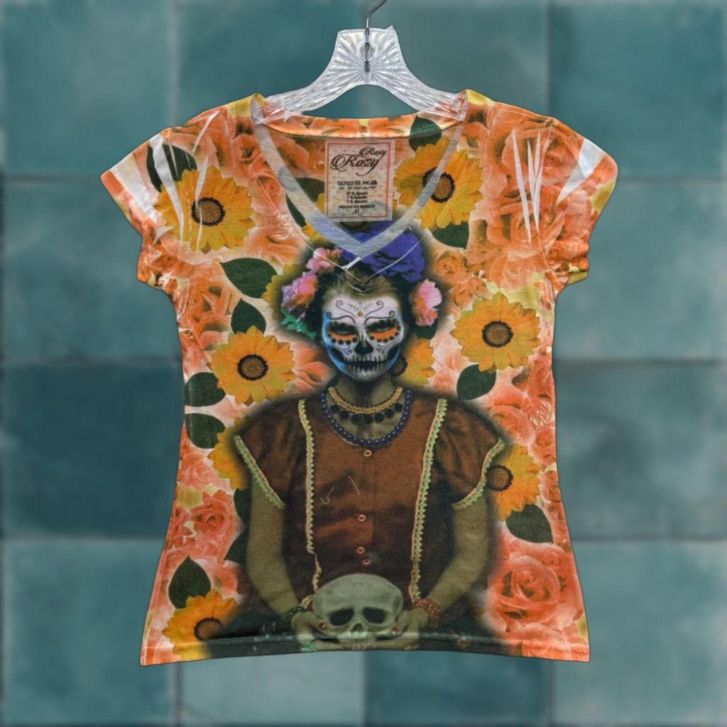 Vintage Y2K Vintage ROXY Shirt M WOMENS Sugar Skulls Day of the Dead Graphic Orange Shirt Size M / US 6-8 / IT 42-44 - 1 Thumbnail