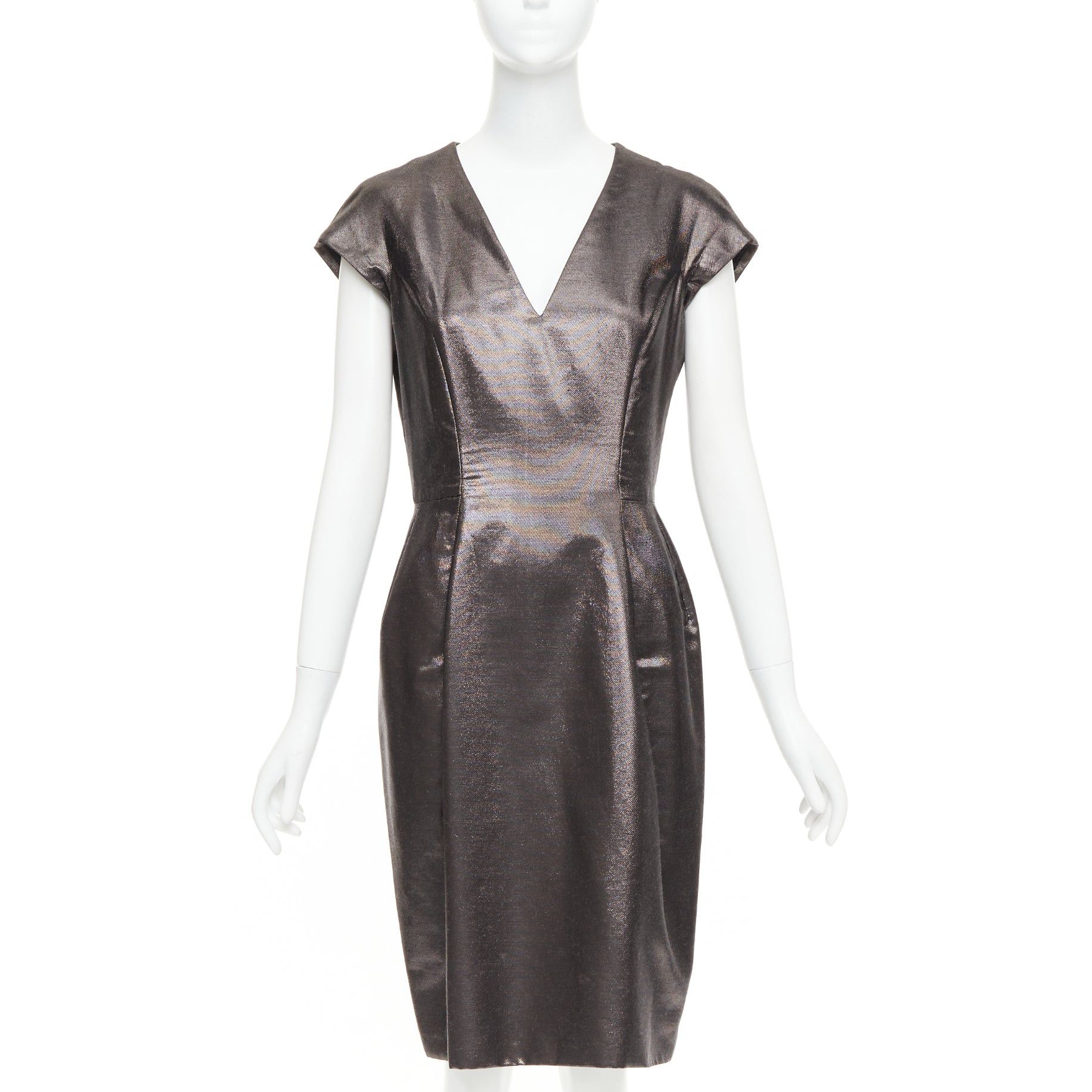Saint Laurent Paris YVES SAINT LAURENT 2009 bronze metallic look V neck sheath dress FR40 S Size S / US 4 / IT 40 - 1 Thumbnail
