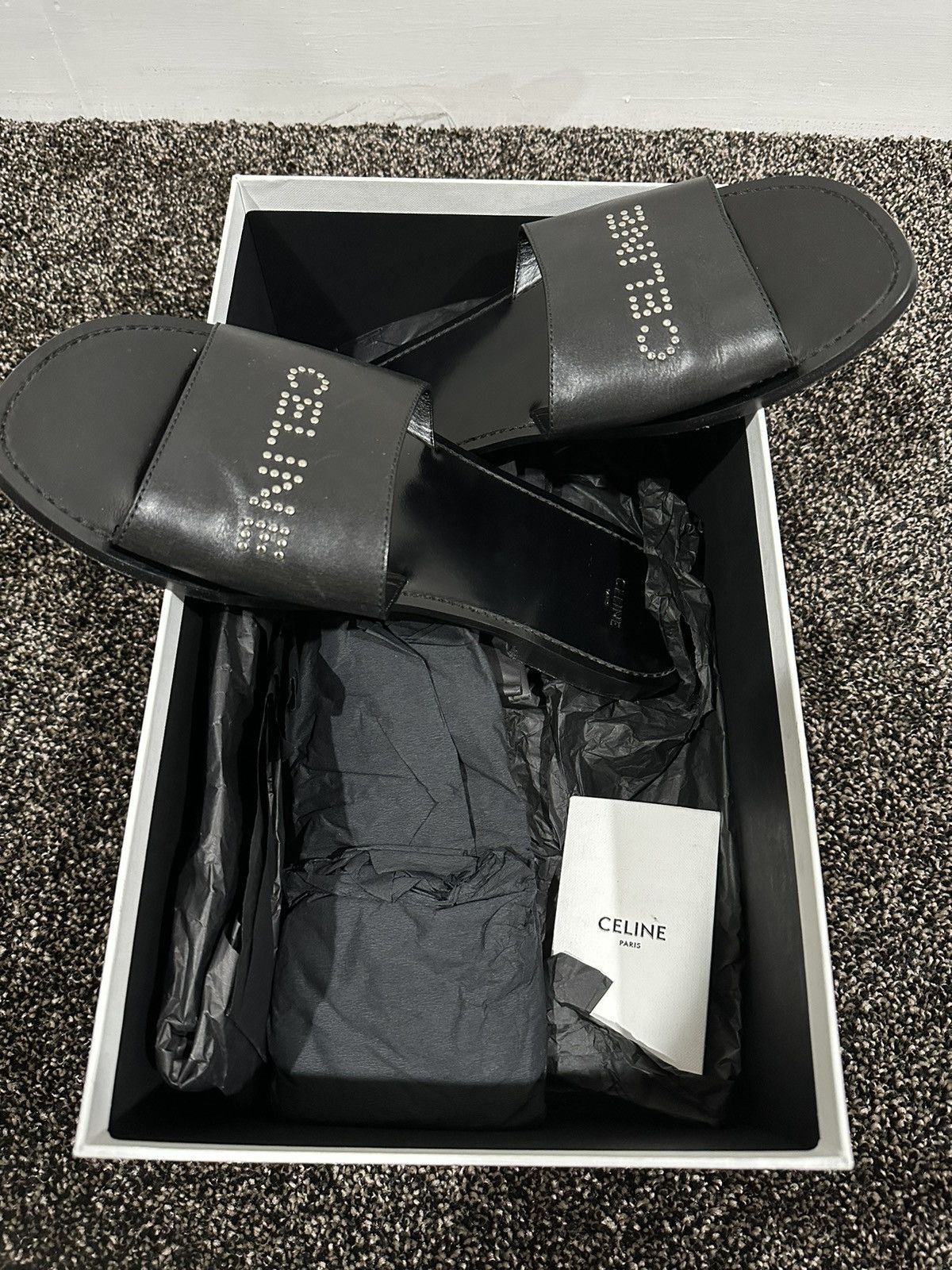 Celine × Hedi Slimane Celine x Hedi Slimane Studded Logo Black Leather Sandal Size US 9 / EU 42 - 11 Thumbnail