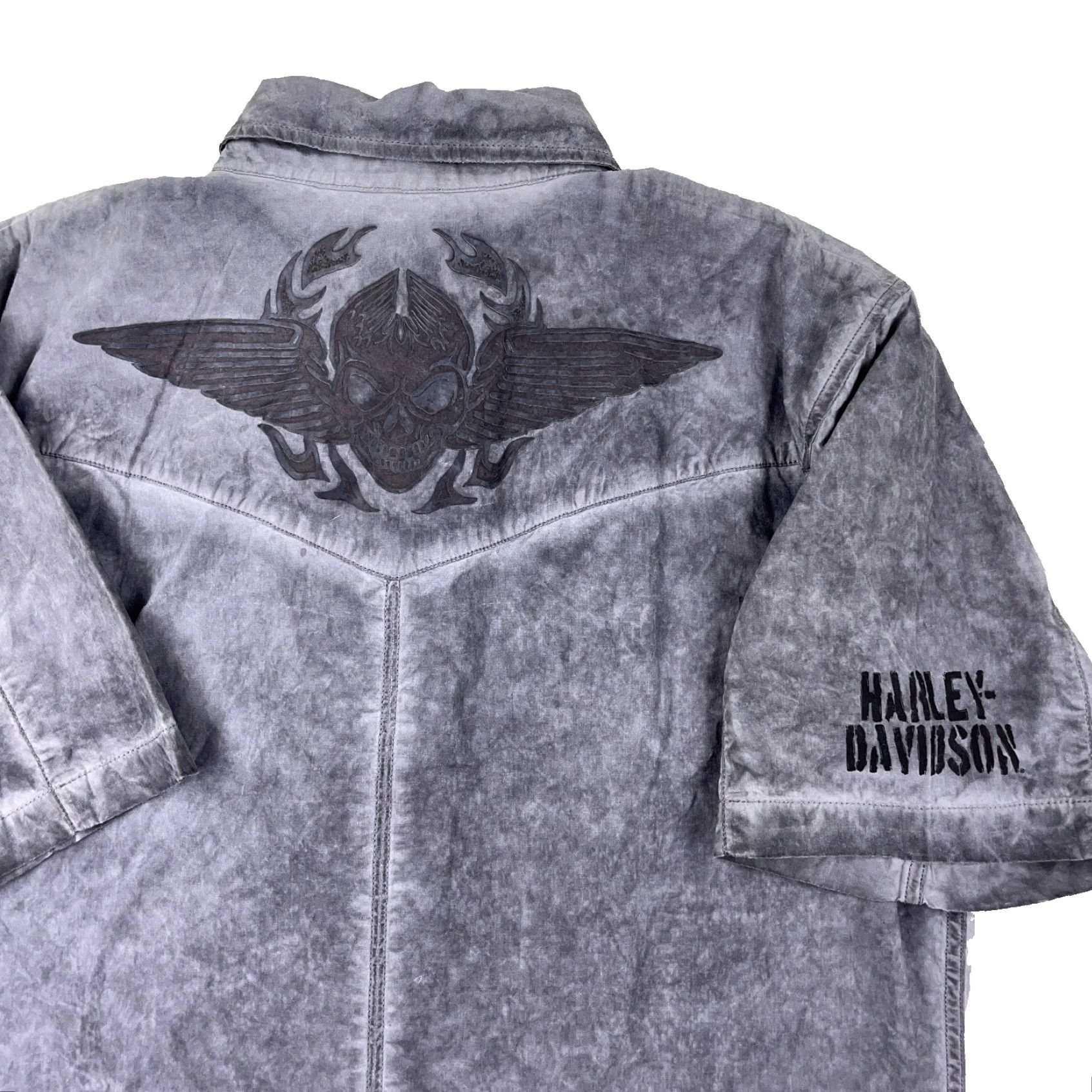Harley Davidson Harley-Davidson Shirt Men Medium Gray Button Up Biker Winged Skull Y2K Goth Fade Size US M / EU 48-50 / 2 - 3 Thumbnail