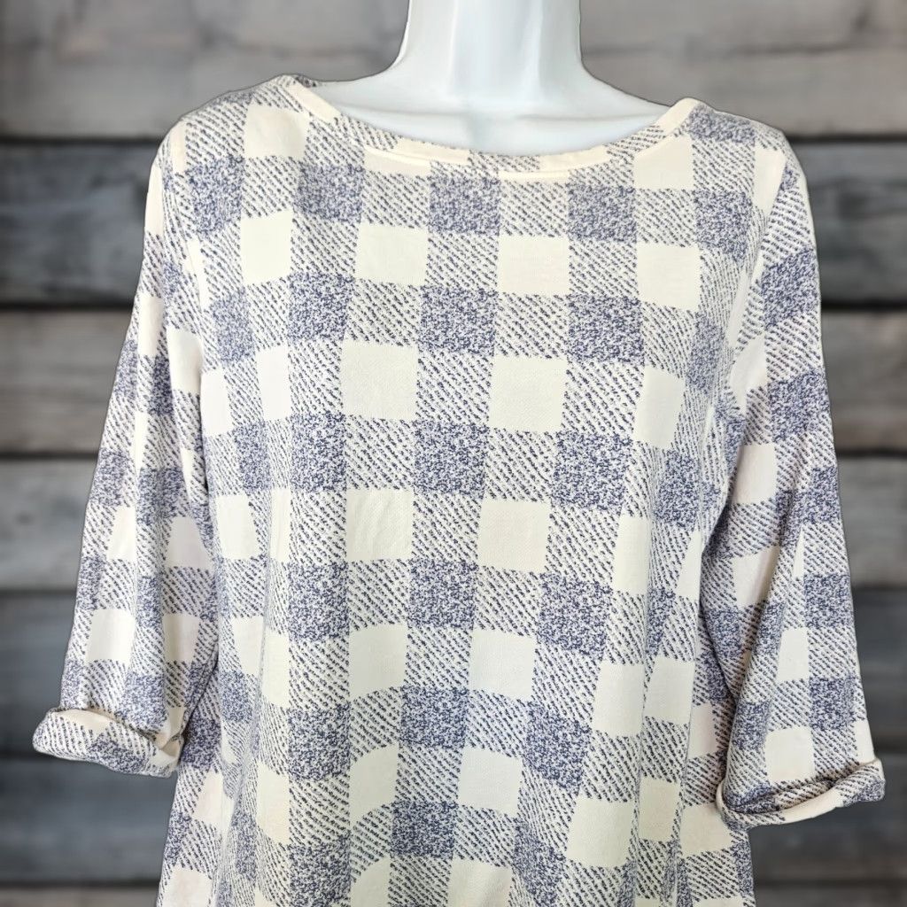 J. Jill J. Jill Blouse Womens Top 3/4 Sleeve Checkered Blue White Cotton Blend M Multicolor Womens Size M / US 6-8 / IT 42-44 - 1 Thumbnail