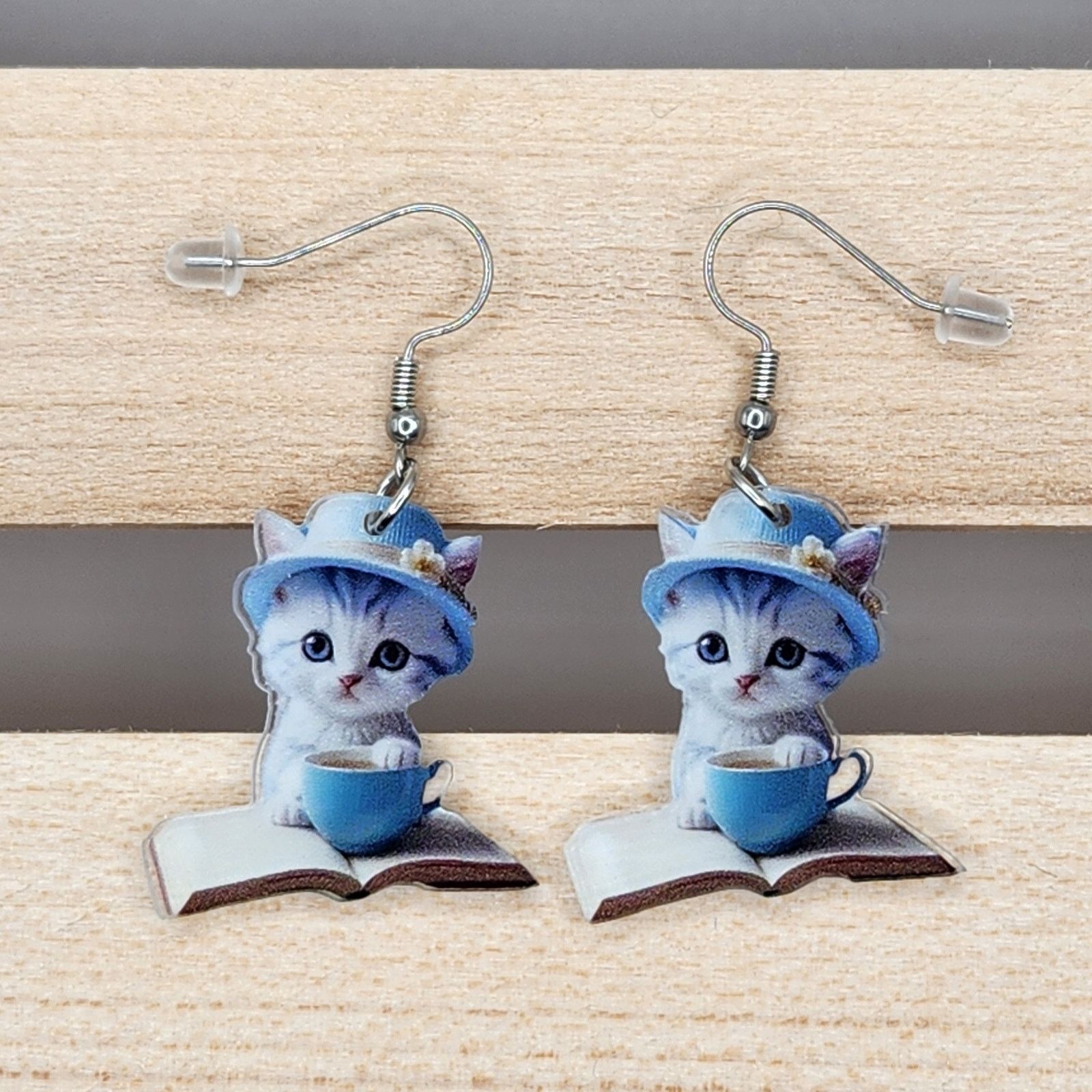 Other Gray Cat in Blue Teacup Sitting on Book Acrylic Earrings Size ONE SIZE - 4 Thumbnail