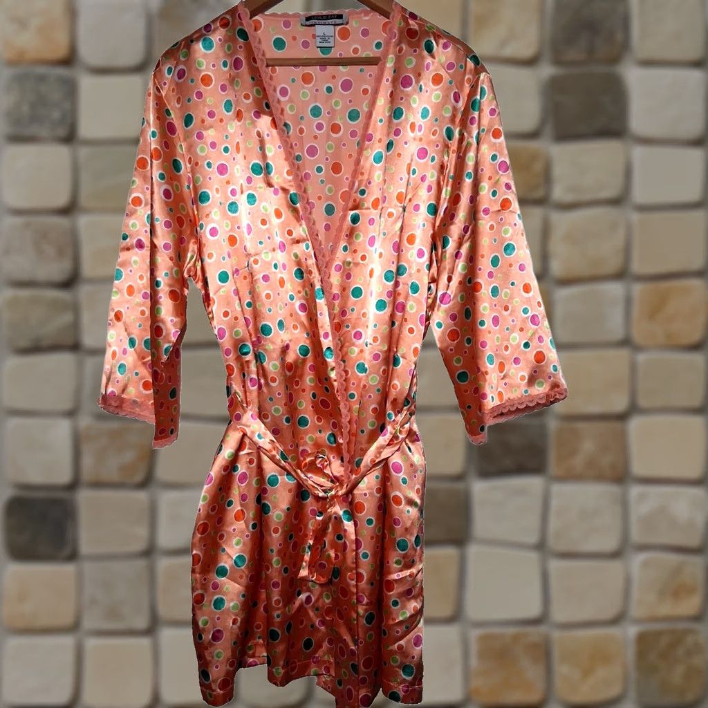 Vintage VINTAGE Leslie Fay Intimates Robe L Peach Satin Polka Dot Lace Trim 1990s Women Size ONE SIZE - 1 Thumbnail