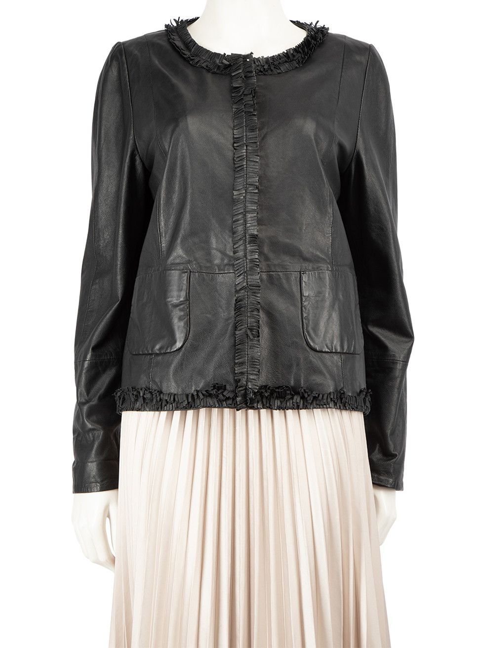 image of Max Mara Black Leather Fringe Trim Jacket, Women's (Size XL)