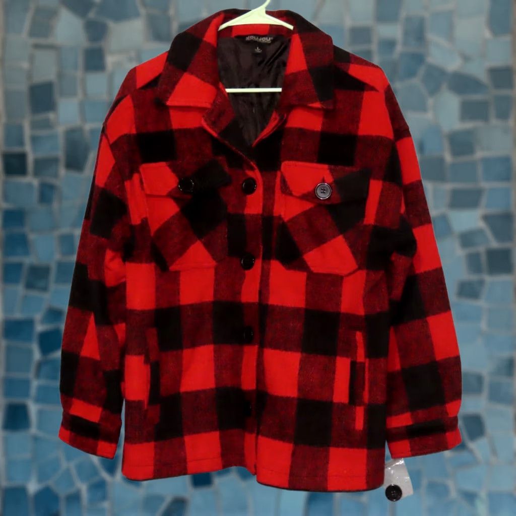 Vintage Jou Jou Premium Outerwear Buffalo Red Plaid Women's L Button Up Shacket Jacket Shacket Plaid Red Black Long Sleeve Mid-Length Womens Boutiques Size L / US 10 / IT 46 - 1 Thumbnail