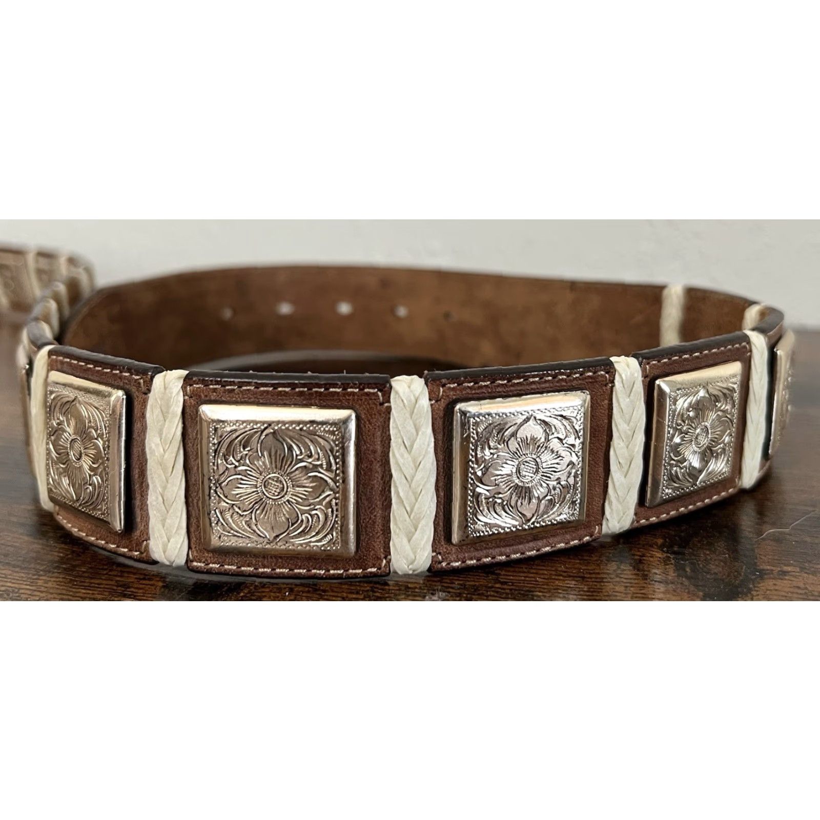 Tony Lama VINTAGE Tony Lama Belt 36 Brown Silver Rhinestone Buckle Leather Floral Medallion Square Belt Women 36-37 in Adjustable Western USA Cowboys Girls Size ONE SIZE - 5 Thumbnail