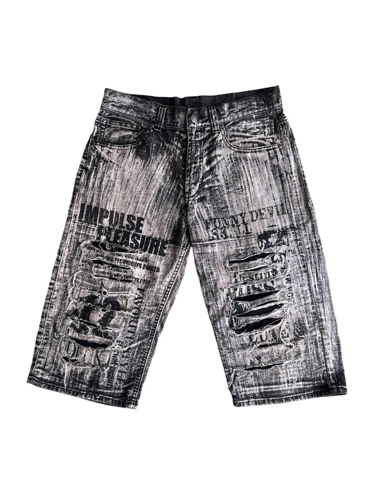 Obelisk "Impulse Pleasure" Anarchy Poems Distressed Goth Baggy Jorts Size US 30 / EU 46 - 2 Thumbnail