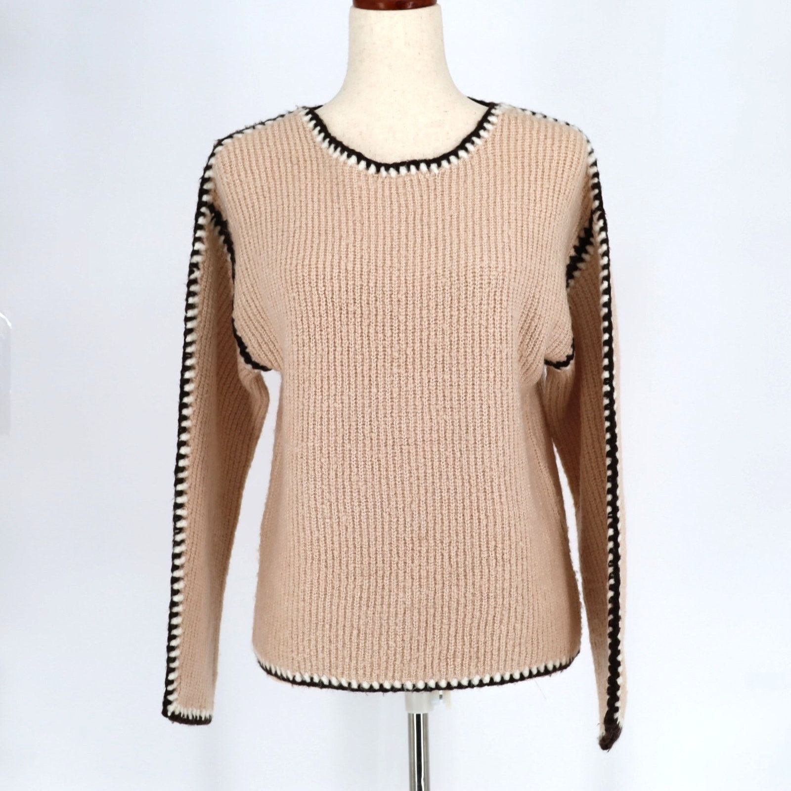 The Unbranded Brand Single Thread Women Ivory Contrast Trim Sweater Size XS Size XS / US 0-2 / IT 36-38 - 2 Thumbnail