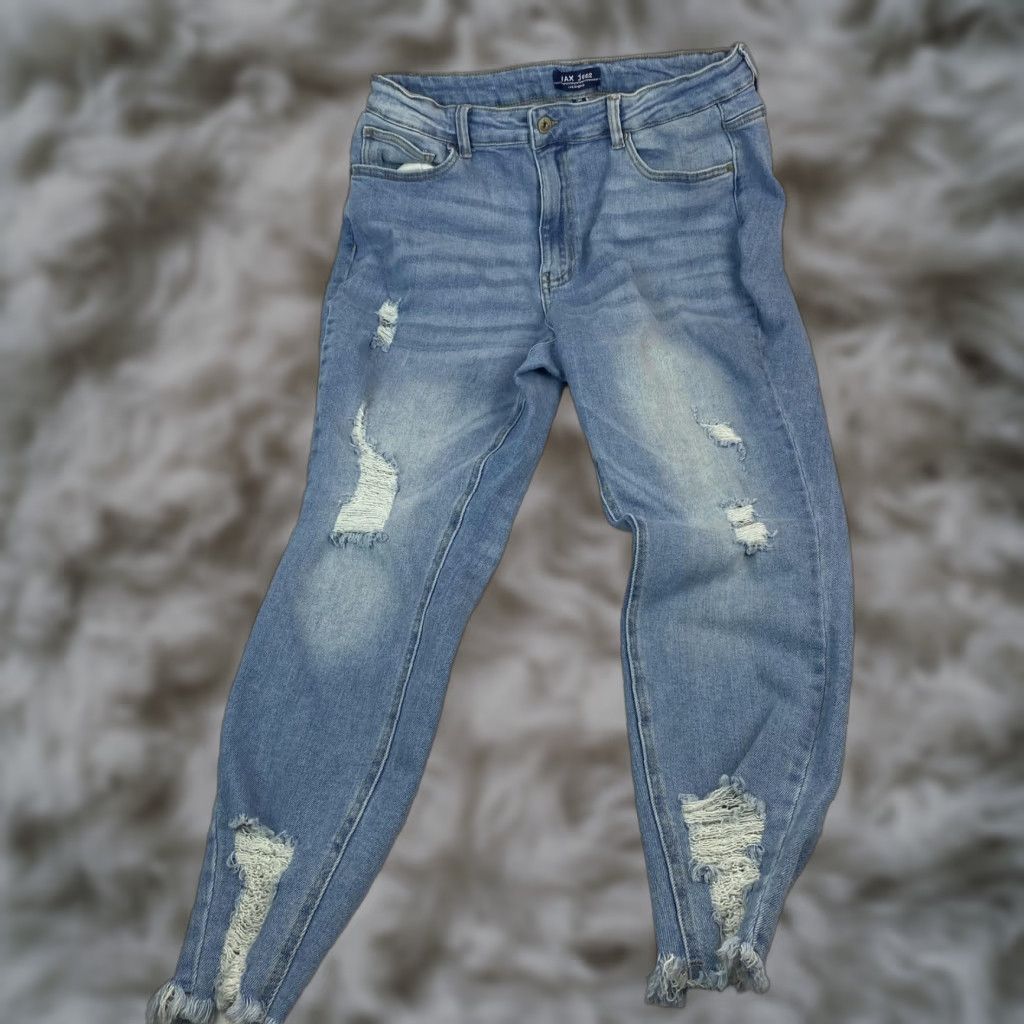 Denime Wax Jean Jeans Womens 18 Light Wash Distressed Ripped Stretch Denim Raw Hem Size 40" / US 18 - 1 Thumbnail
