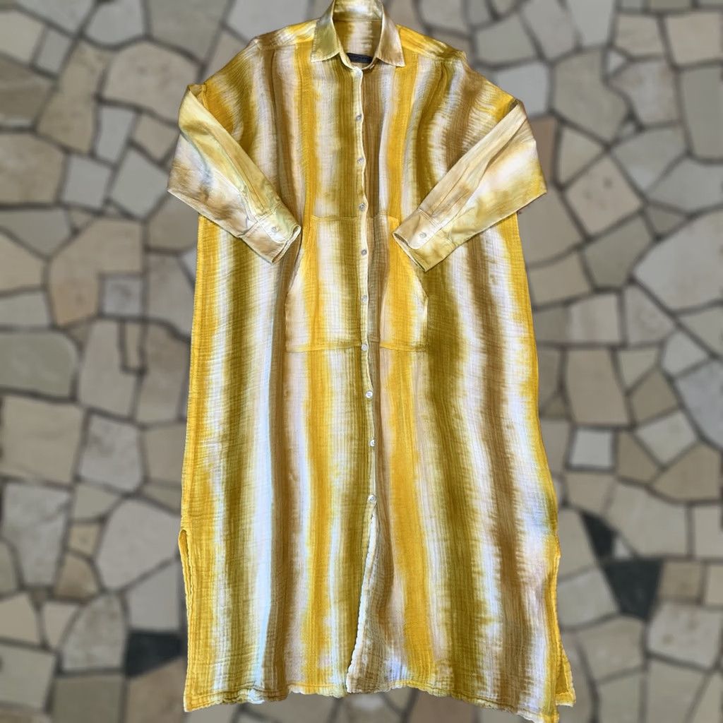 Vintage Raquel Allegra Caftan Shirt Dress Yellow Stripe Tye Dye Women’s One Size Size ONE SIZE - 1 Thumbnail