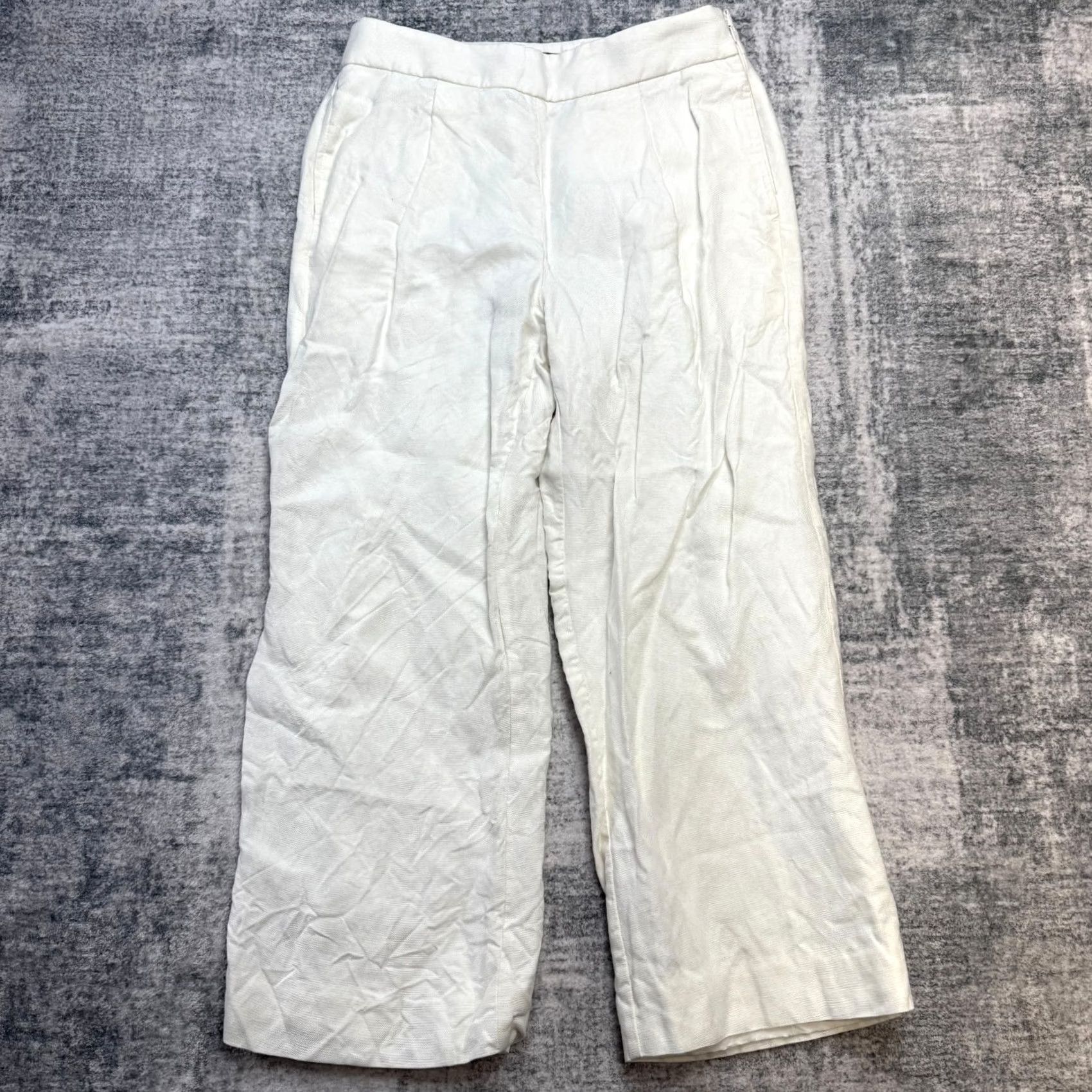 J.Crew J.CREW Women Pants 4 White High Rise Pleated Linen Wide Leg Crop Trouser Minimal Size 27" / US 4 / IT 40 - 2 Thumbnail