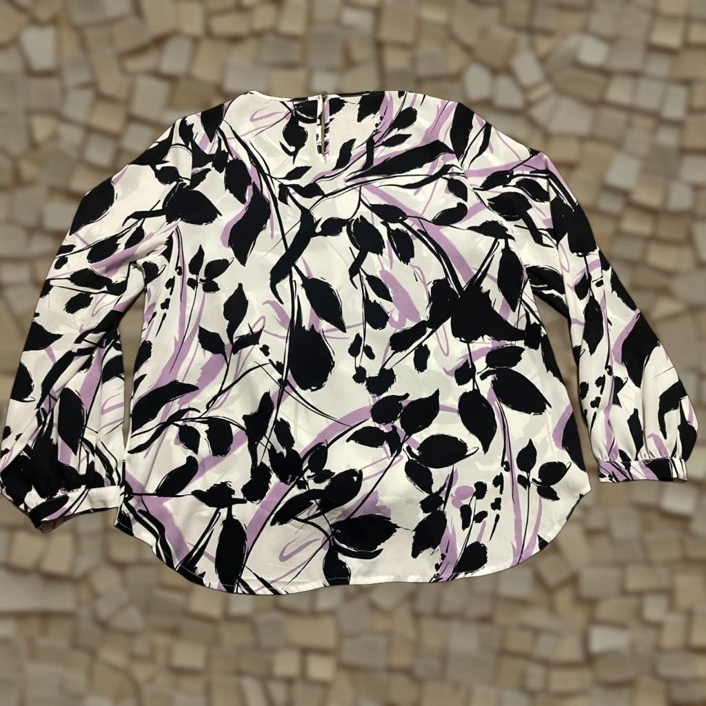 Apt. 9 Apt.9 Shirt Women's L Black White Purple Floral Print Long Sleeve Size L / US 10 / IT 46 - 1 Thumbnail