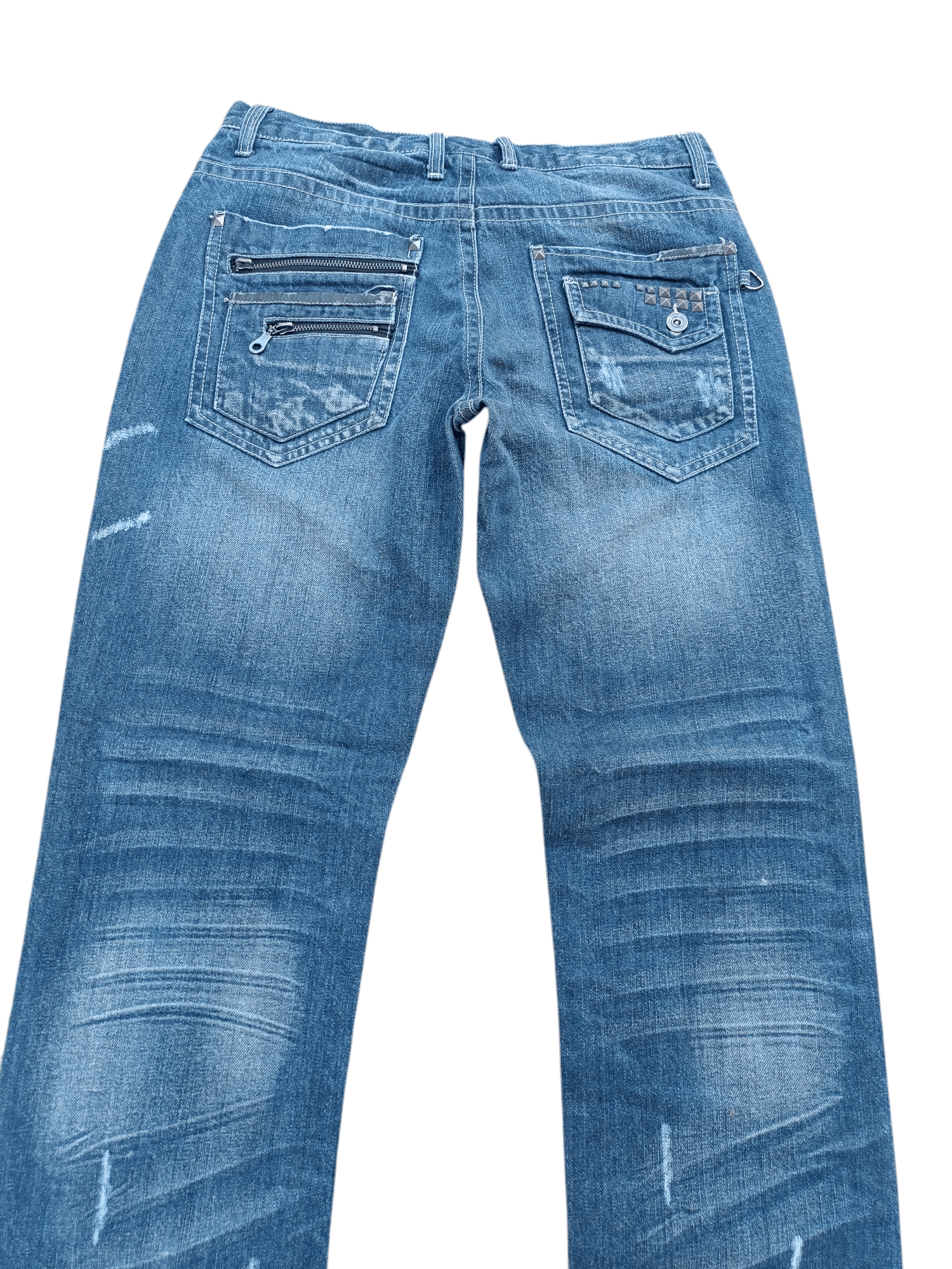 Japanese Brand NYLAUS JEANS DISTRESSED WHISKERS FADED STUD DENIM Size US 31 - 13 Thumbnail