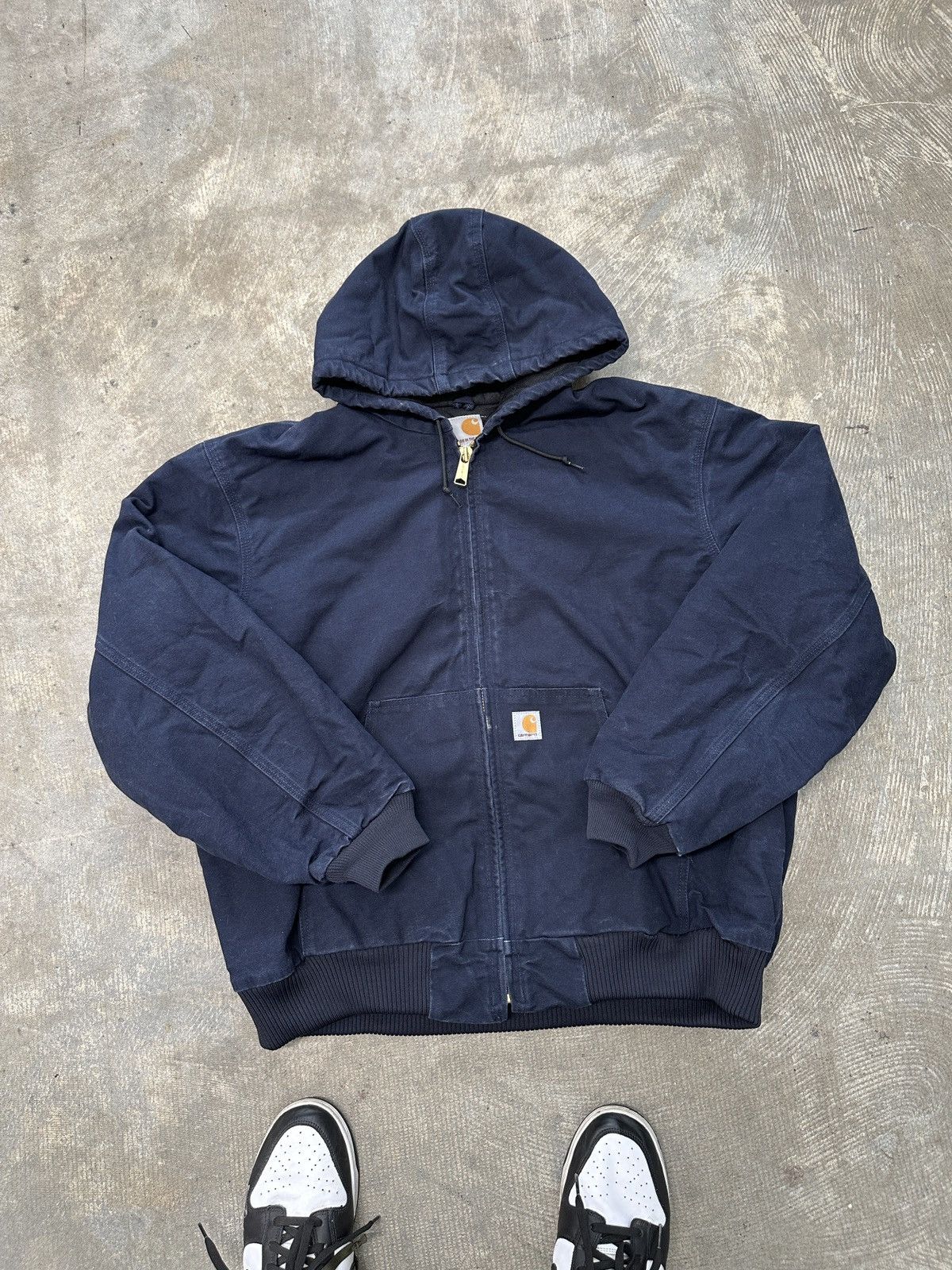 image of 90's Carhartt Quilted Canvas Hooded Work Jacket in Navy, Men's (Size 2XL)