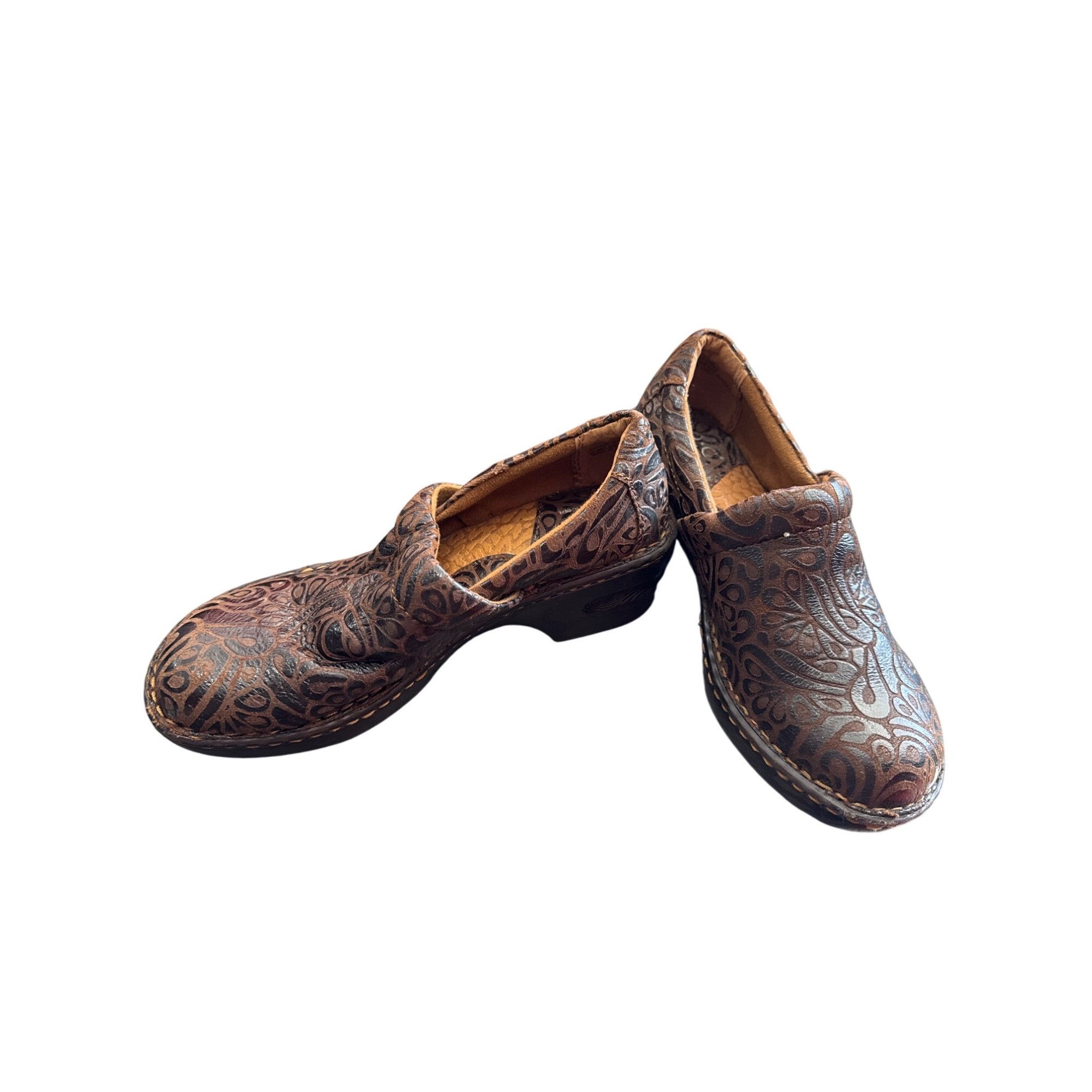 Born BOC womens leather Brown Embossed Slip-On Clogs mules size Size US 6 / IT 36 - 2 Thumbnail