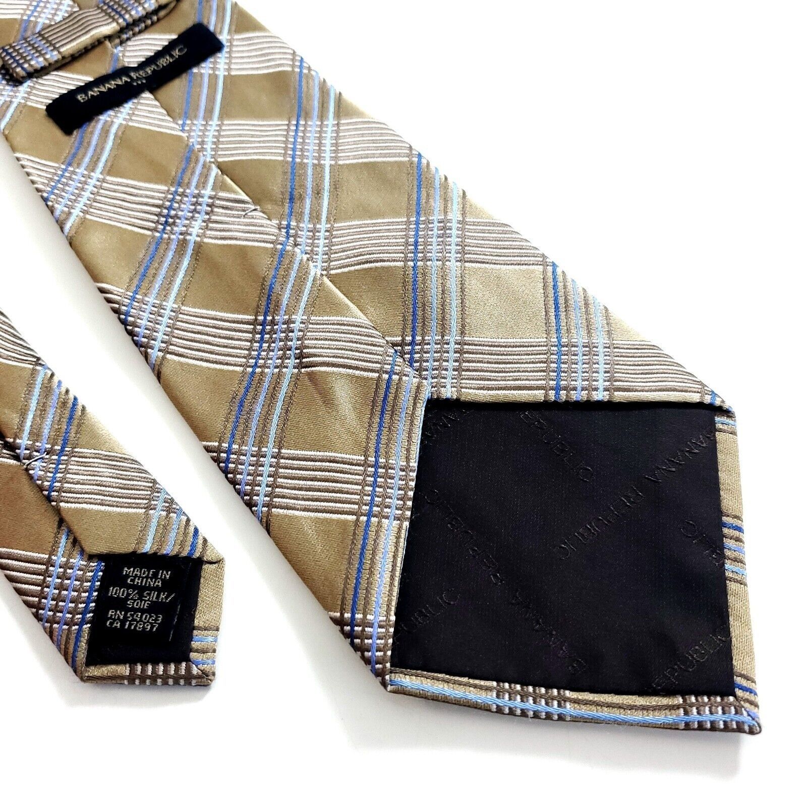 Banana Republic Banana Republic Gold Tan Blue Plaid Woven Wide Silk Tie Size ONE SIZE - 5 Thumbnail