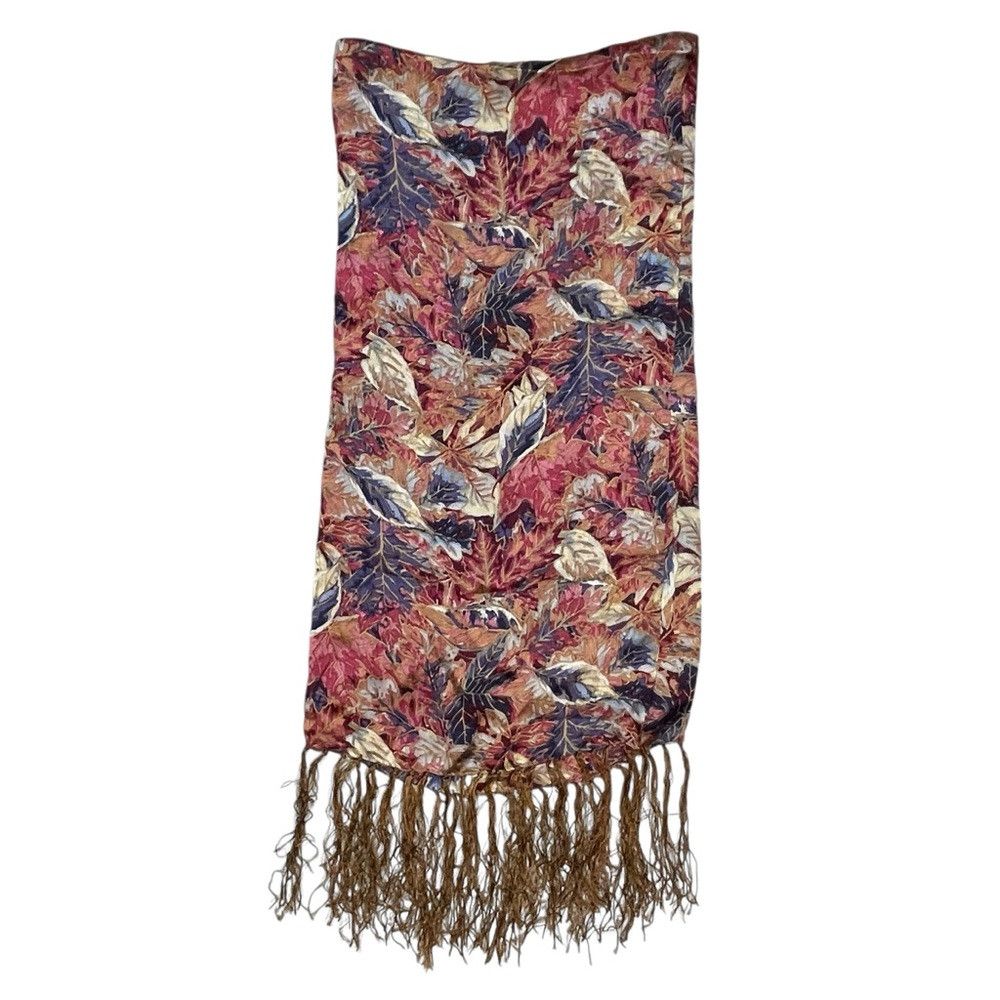 Other Silk Leaves Print Scarf With Tassel 10 x 26 Size ONE SIZE - 4 Thumbnail