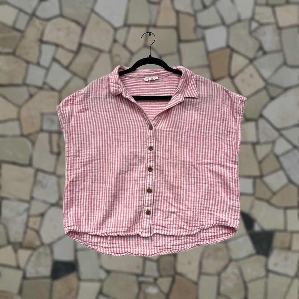 Pinko VINTAGE Beachlunchlounge Shirt Womens L Pink White Striped Button-Up Cotton Blouse 6063 Size L / US 10 / IT 46 - 1 Thumbnail