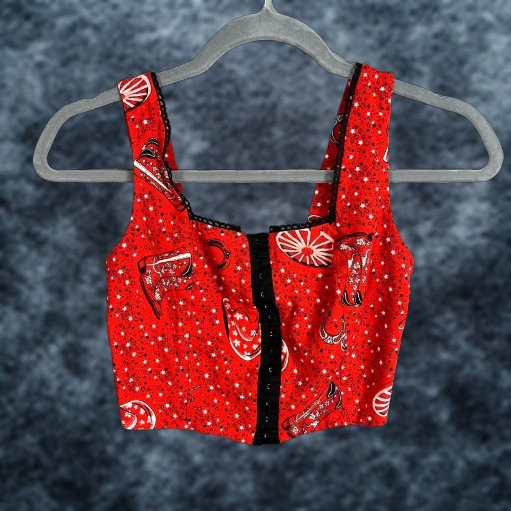 Vintage Monteau Los Angeles Crop Top Red & Black Linen Blend Sleeveless Cropped Small Stars Cowgirl Womens Size S Size S / US 4 / IT 40 - 1 Thumbnail