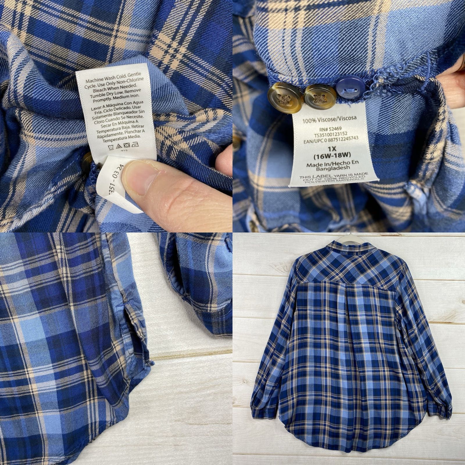 Vintage Terra & Sky Shirt Womens 1X 16W Blue Plaid Long Sleeves Lightweight Button Up Size XL / US 12-14 / IT 48-50 - 8 Thumbnail