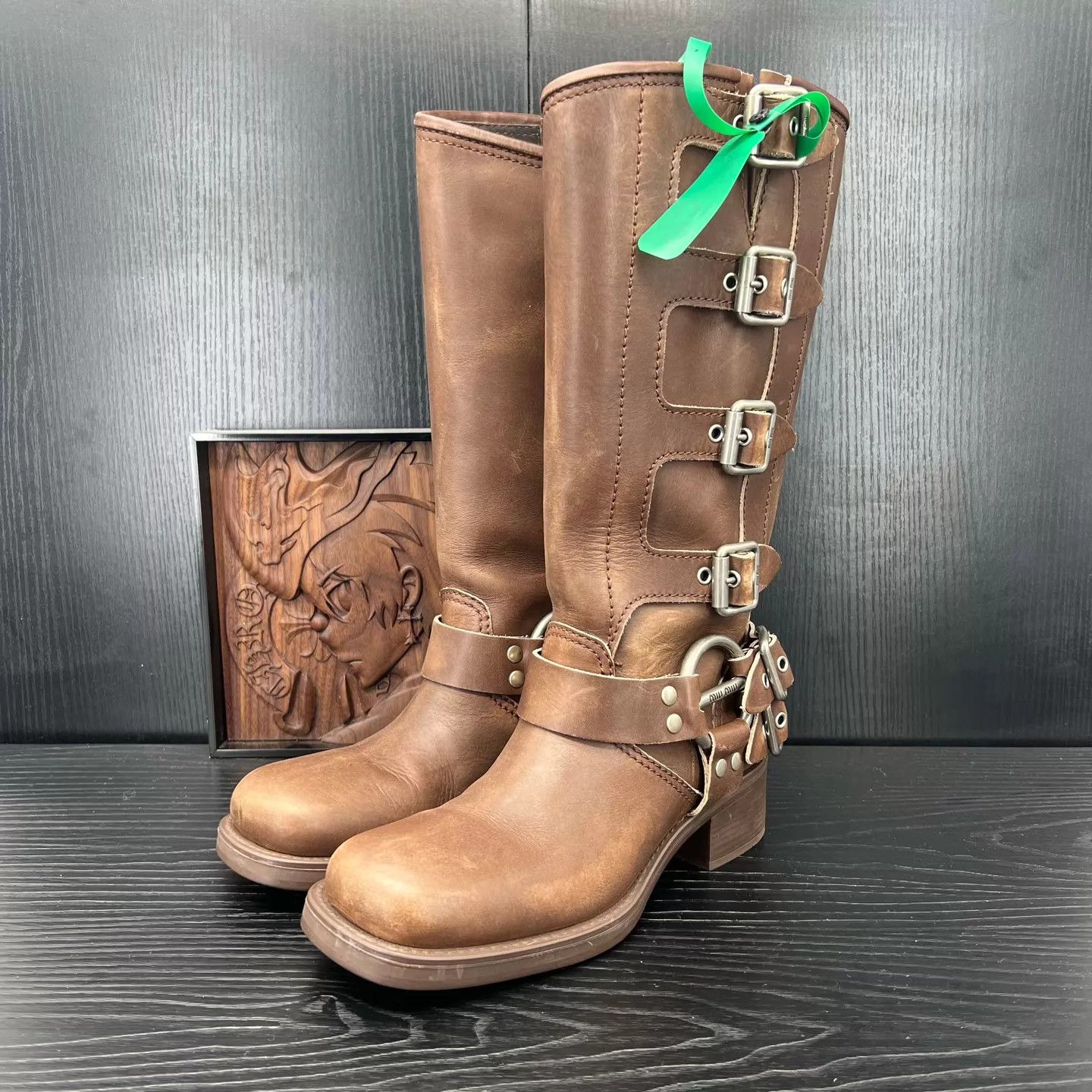 Miu Miu MIU brown leather metal buckle mid-calf boots 39.5 99 new Size US 9 / IT 39 - 1 Thumbnail
