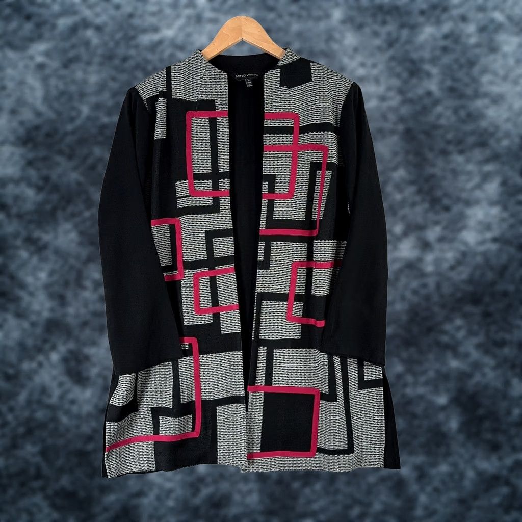 Vintage VINTAGE: Ming Wang Jacket Womens Large Black Red Gray Geometric Open Front Knit Career Size L / US 10 / IT 46 - 1 Thumbnail