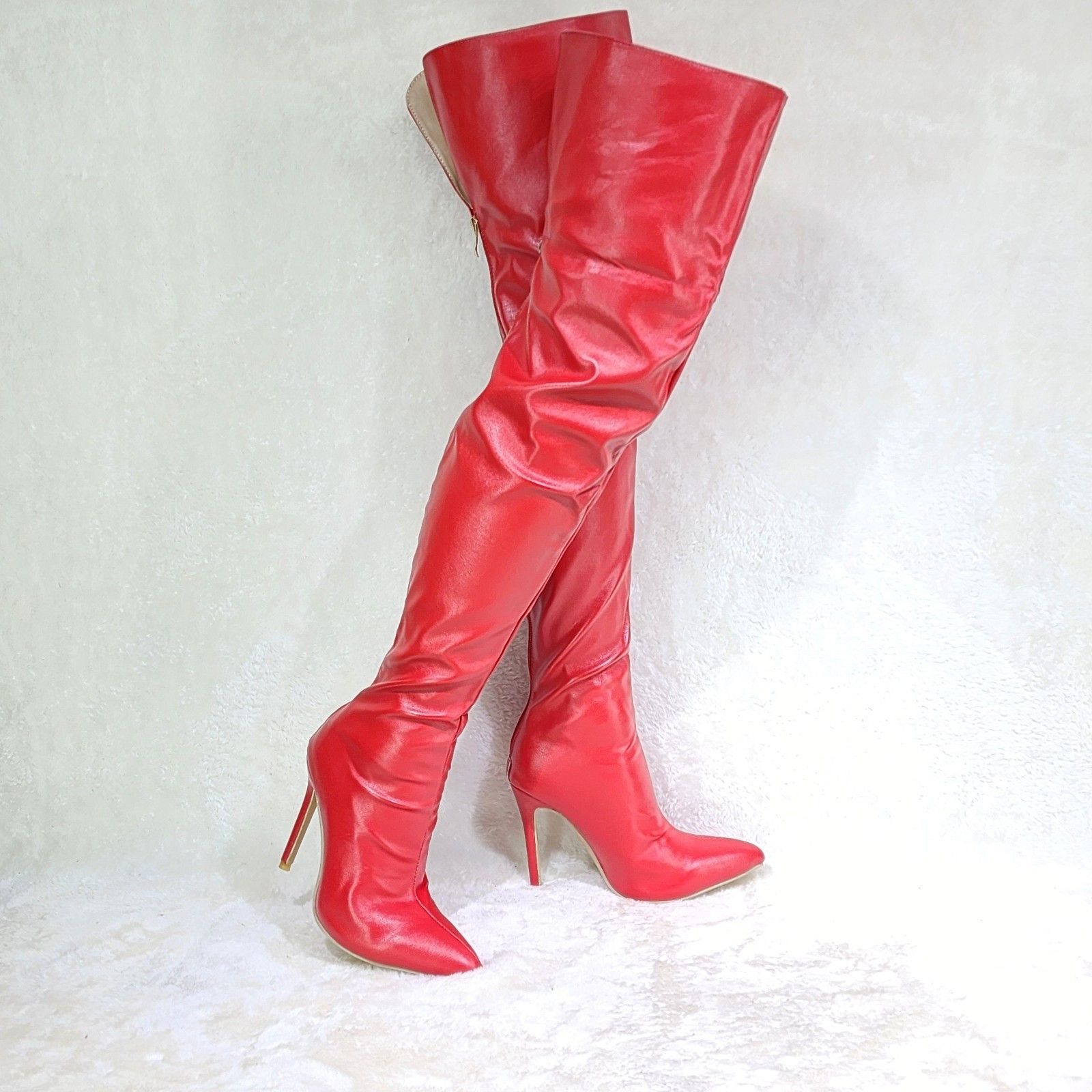 Other Red Faux Leather Thigh High Boot Stiletto Heels Back Zipper Size US 8.5 / IT 38.5 - 2 Thumbnail