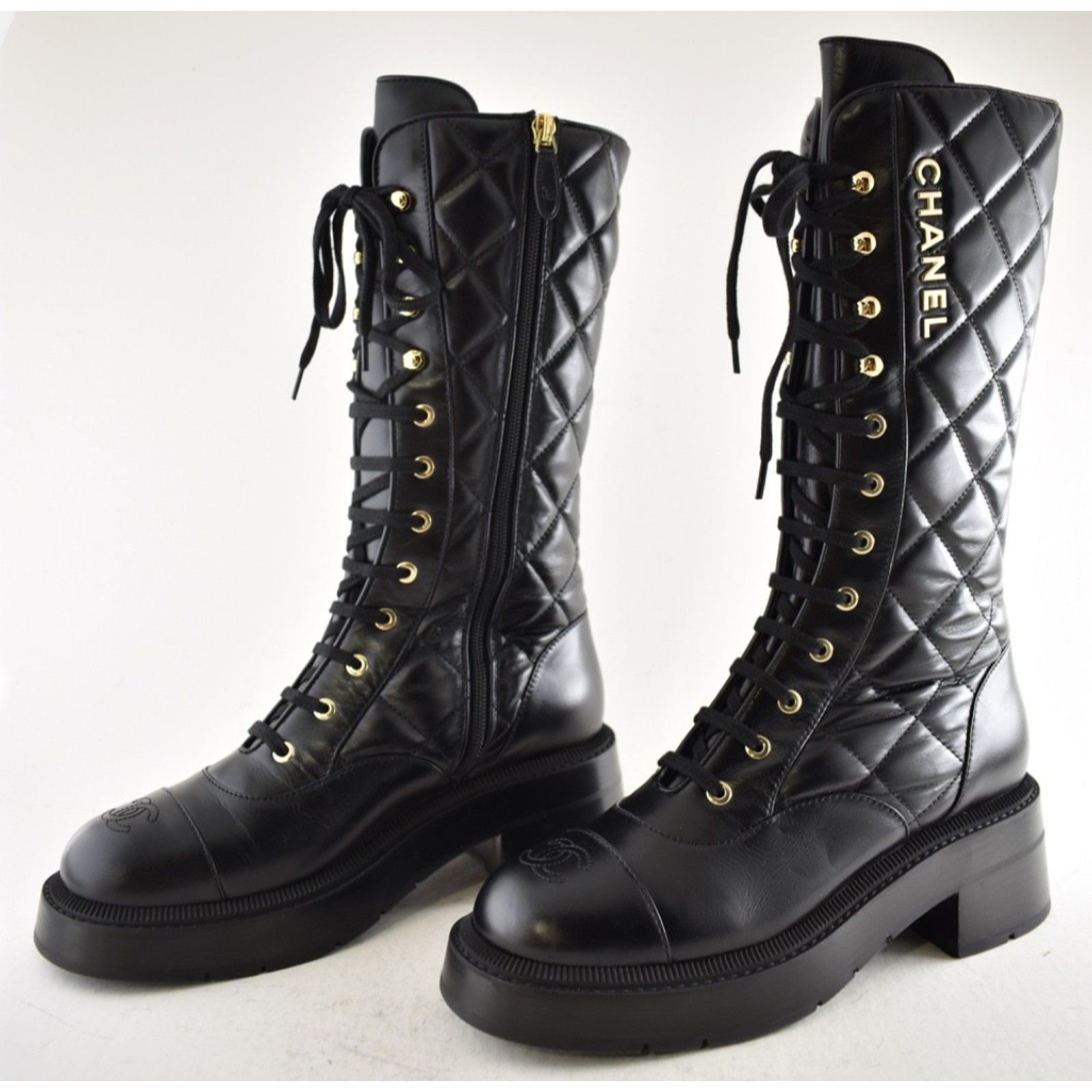 Chanel Chanel 24K Black Quilted CC Combat Lace Up Tall Boots 36 Size US 5 / IT 35 - 15 Thumbnail
