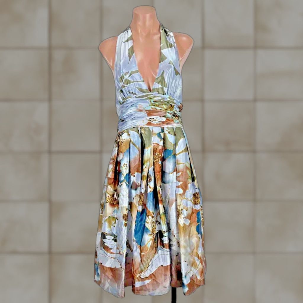 VINTAGE Adrianna Papell Occasions Dress Halter Sequin Floral Knee-Length A-Line Fit & Flare 6 Multi-Color Summer Womens