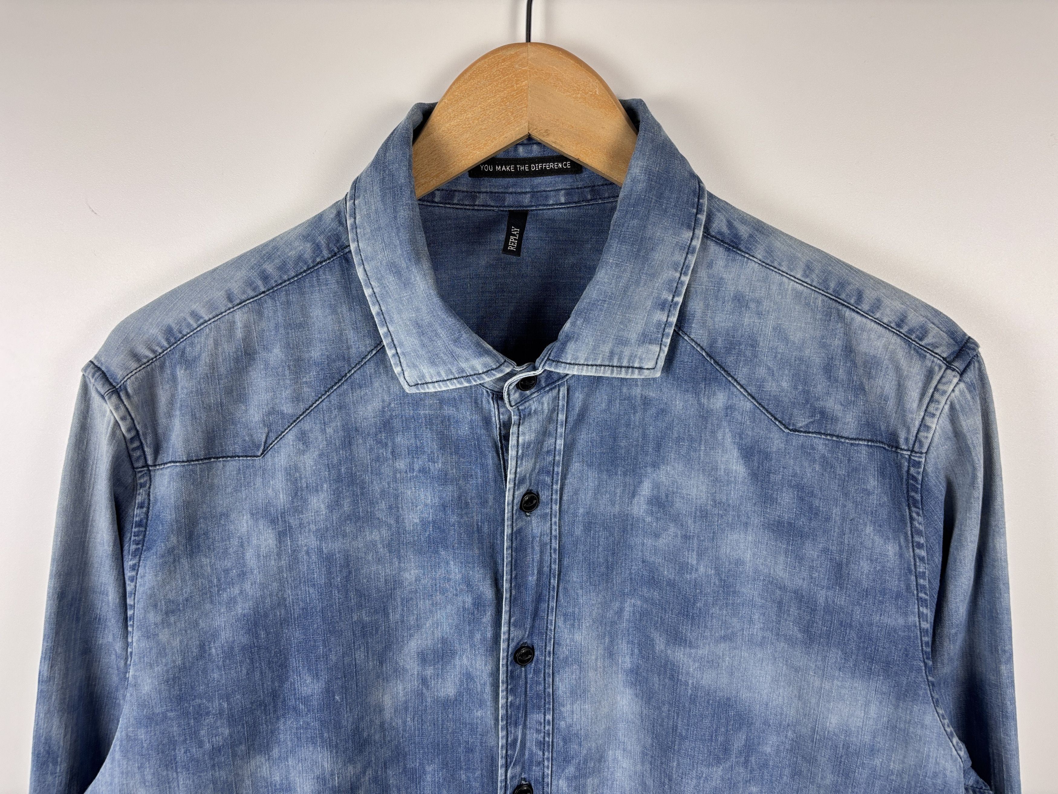 Replay Mens Replay Acid Wash Denim Button Up Shirt Blue Size XL Size US XL / EU 56 / 4 - 2 Thumbnail