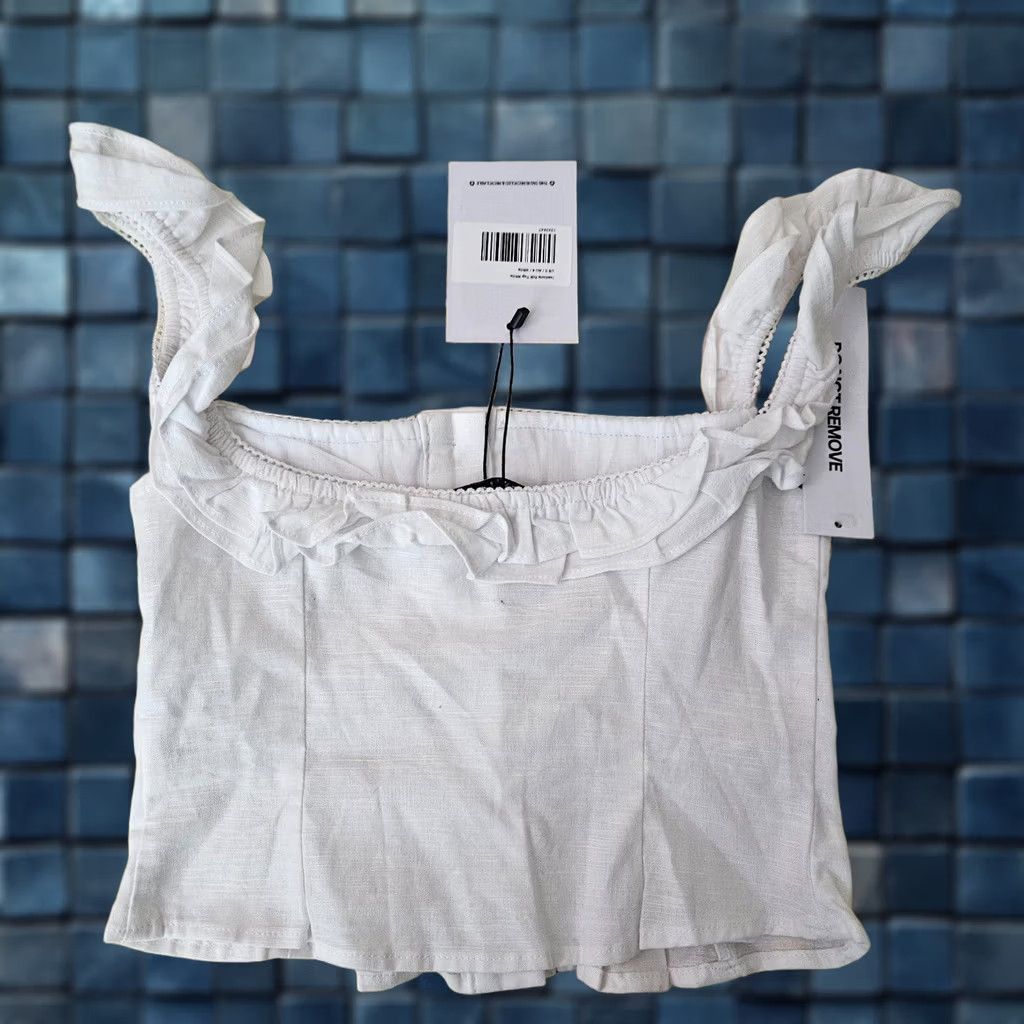 PRINCESS POLLY Princess Polly Iseadoria Frill Women's Cropped Button Up Tank Top Size 0 White Cotton Blend Linen Short Sleeve Regular Knit Shirt Size XS / US 0-2 / IT 36-38 - 1 Thumbnail
