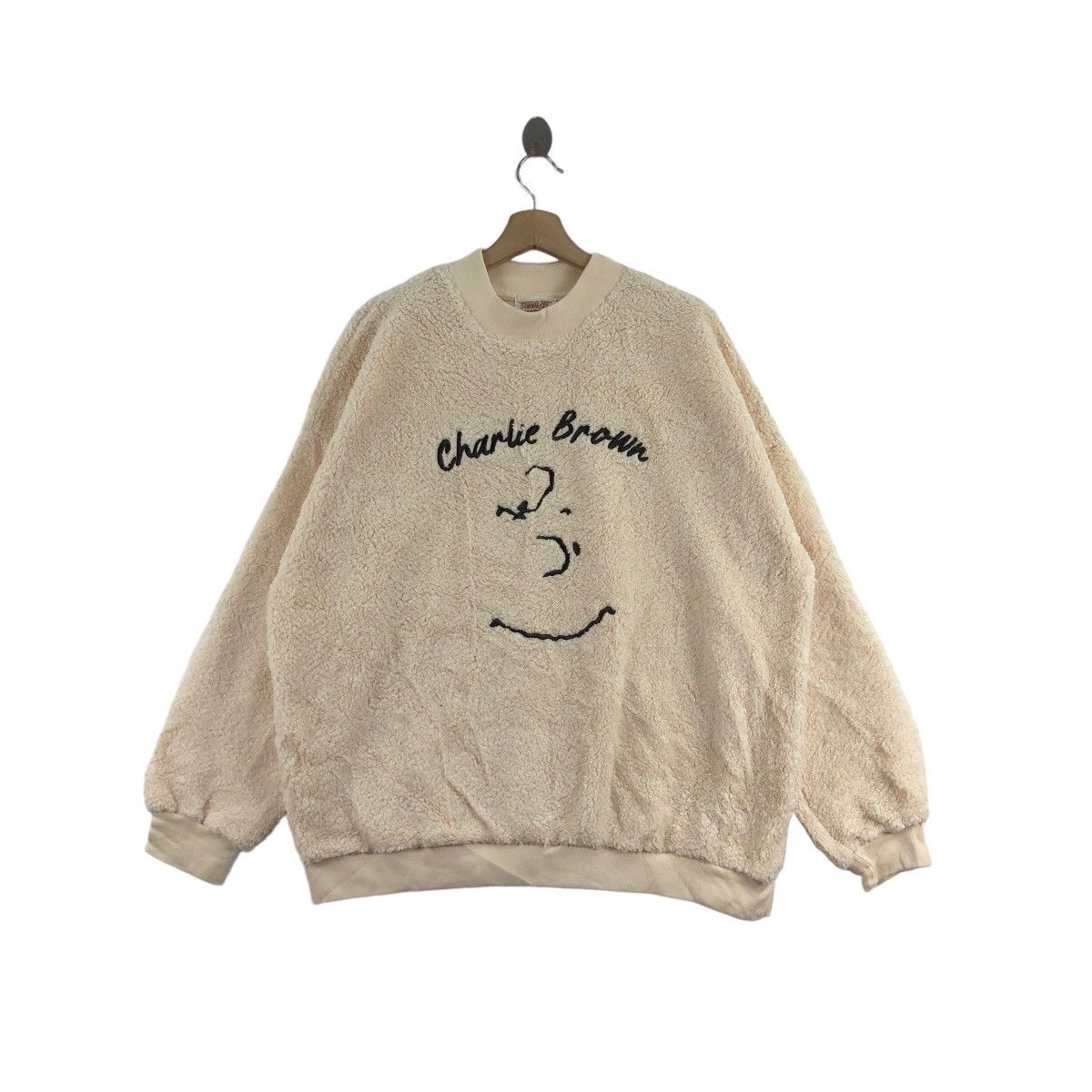 image of Cartoon Network x Peanuts Charlie Brown Fleece Deep Pile Big Logo Embroidered in Cream (Size Large)