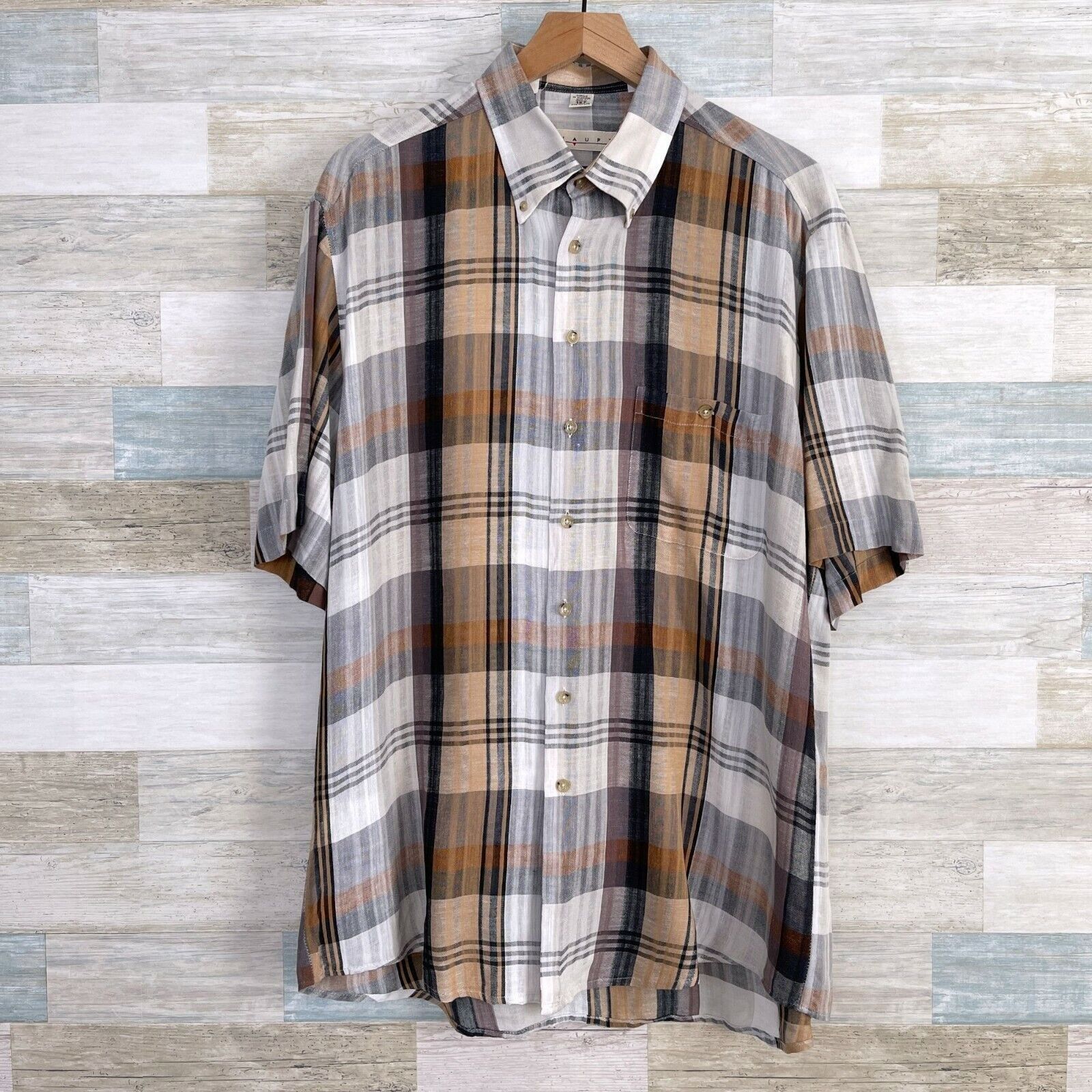 Haupt Haupt Germany Linen Lawn Shirt Gray Brown Plaid Short Sleeve Size US L / EU 52-54 / 3 - 1 Thumbnail