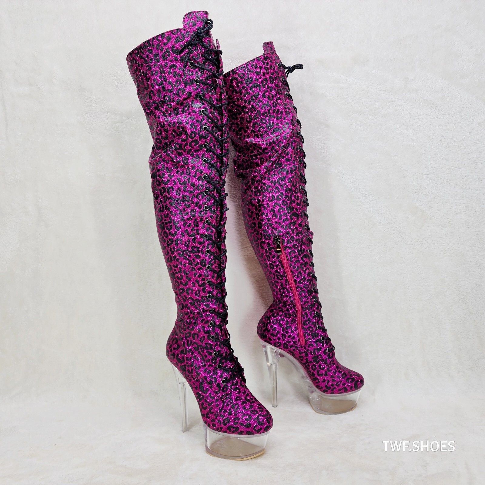 Other Bulls Hot Pink Leopard Glitter Over the Knee Clear Platform Size US 6 / IT 36 - 5 Thumbnail