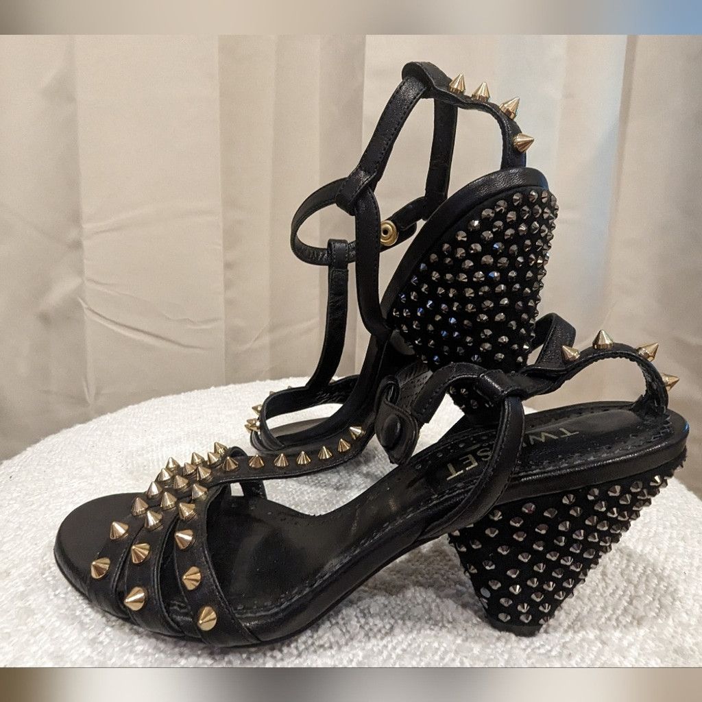 TWINSET Twin-Set Black and Gold Strappy Heels Size US 7 / IT 37 - 2 Thumbnail