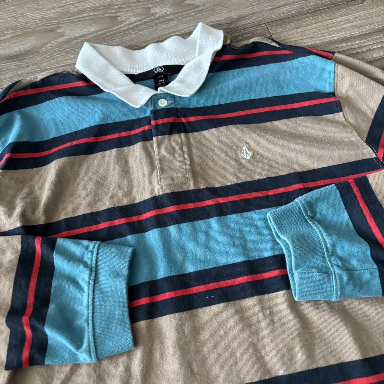 Volcom Crazy Vintage Y2K/2000s Brown Blue Striped Rugby Polo Shirt! Size L Size US L / EU 52-54 / 3 - 3 Thumbnail