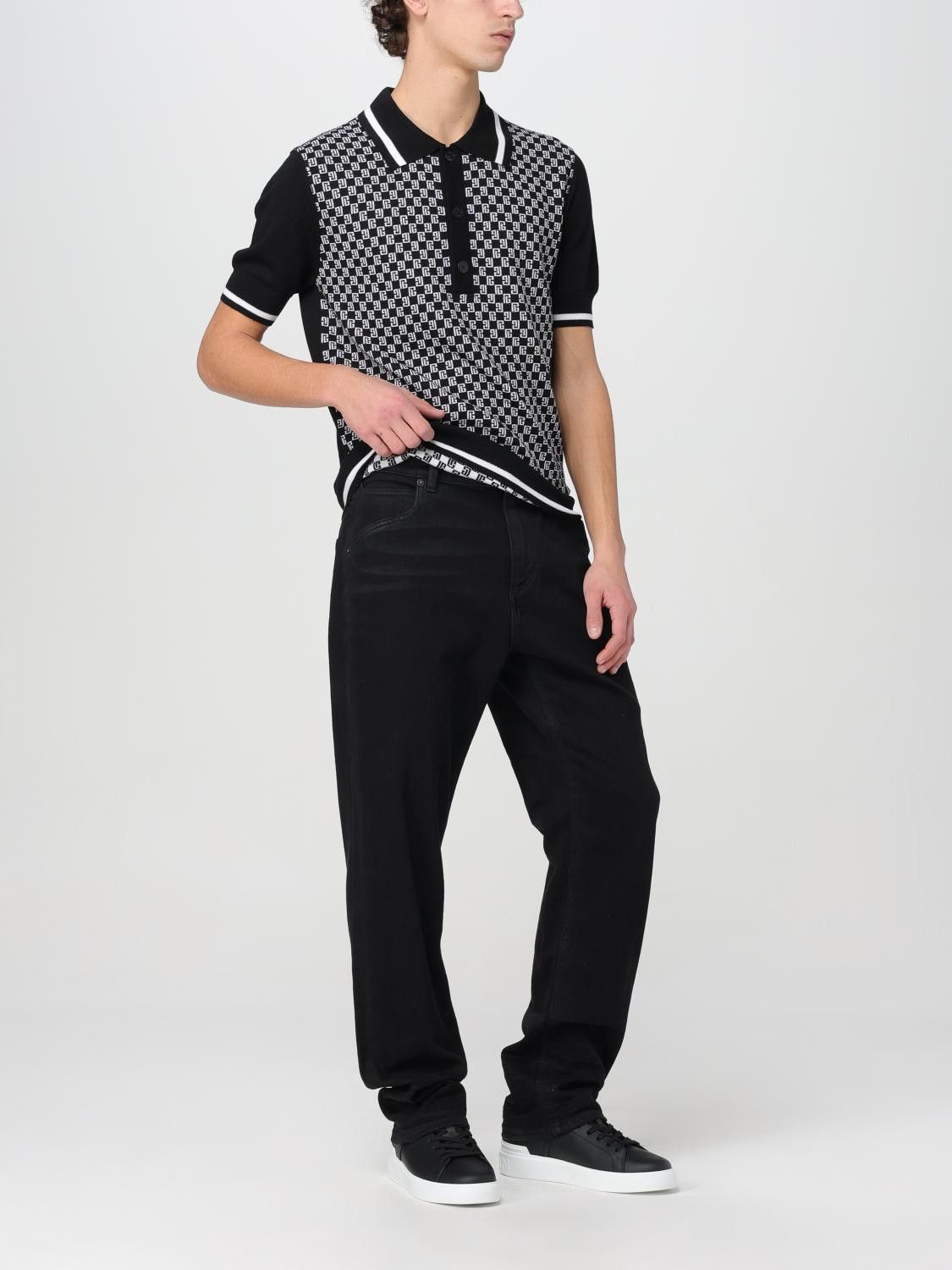 Balmain o1mt1gz0126 Mini Monogram Wool Polo Shirt in Black/White Size US XL / EU 56 / 4 - 2 Thumbnail