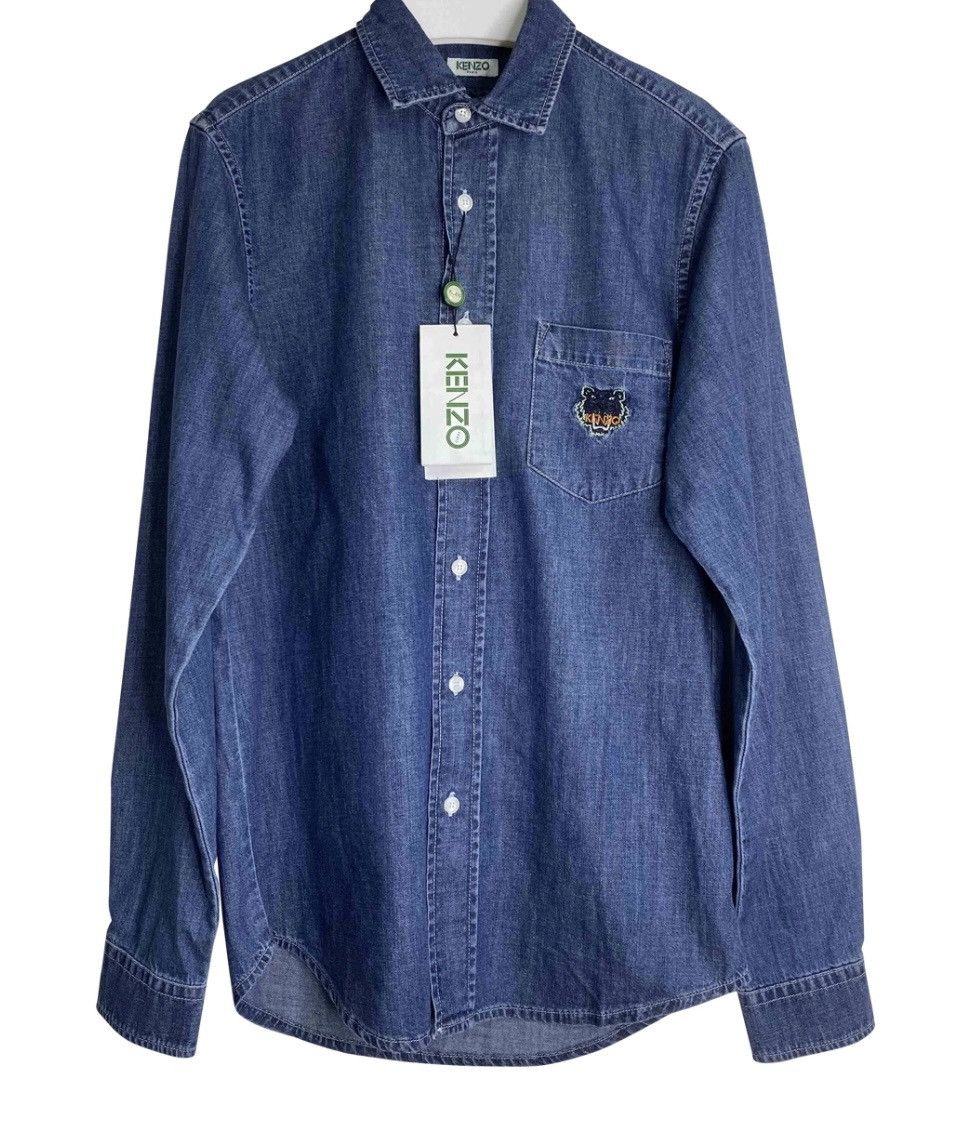 image of Kenzo Logo Embroidered Denim Shirt Jacket in Blue, Men's (Size XS)