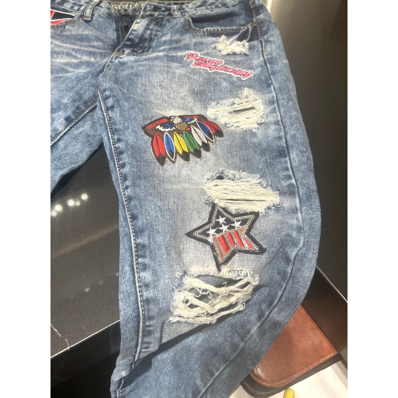 Toy Machine Machine Jeans Women's Blue Denim Ripped Distressed Casual Wear Boyfriend 29 in. Inseam 28 Zip Closure Regular Size 29 100% Cotton Denim Size 29" - 7 Thumbnail