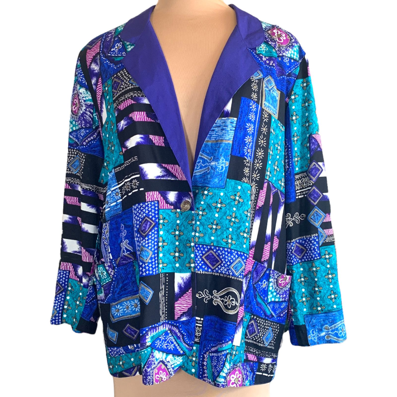 Vintage Vintage Petite Blazer Jacket Oversized Bold Patchwork Floral Size XL / US 12-14 / IT 48-50 - 2 Thumbnail