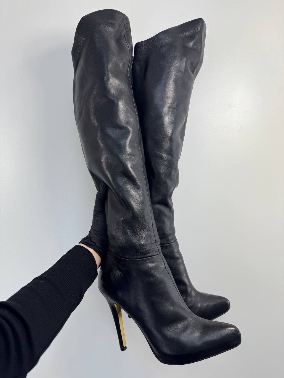 H&M A.R. H&M Black Leather Over Knee Thigh High Boots Gold EU40 Size US 9 / IT 39 - 1 Thumbnail