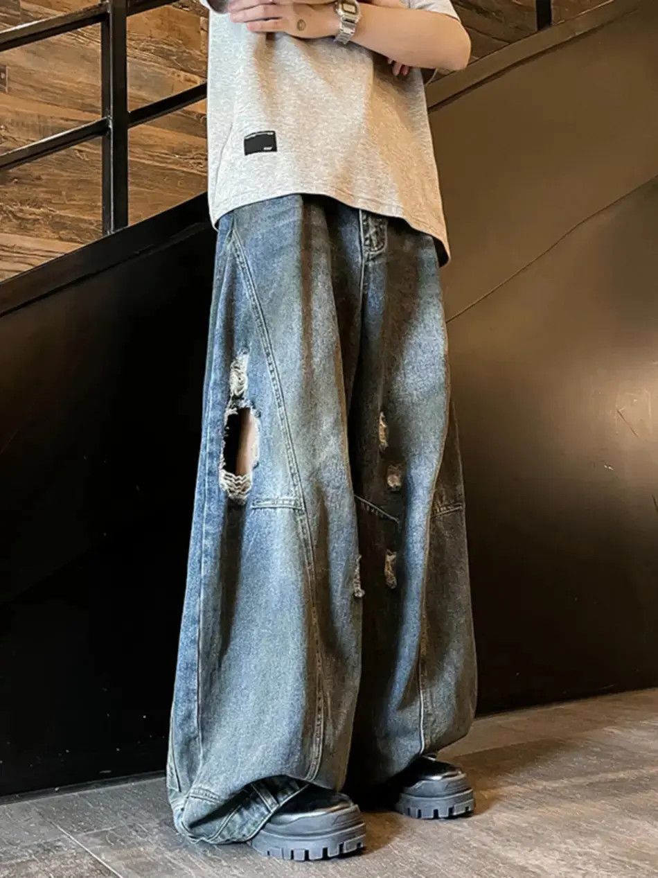 Japanese Brand Retro washed straight leg distressed jeans Size US 32 / EU 48 - 1 Thumbnail