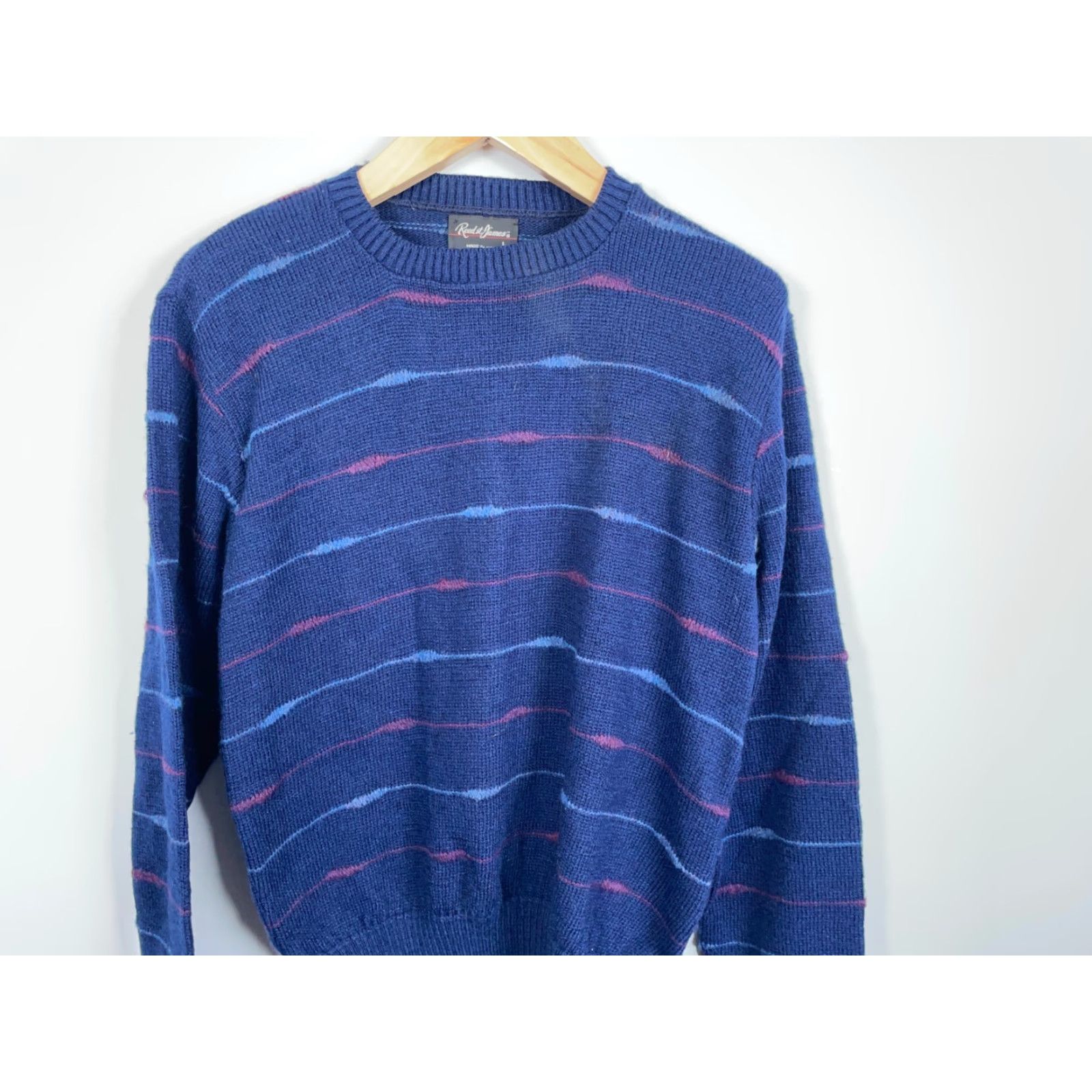 Vintage VINTAGE Reed St. James Sweater Men's M (Large Tag) Blue Light Knit 80s Striped Crew Neck Pullover Casual Warm Size US M / EU 48-50 / 2 - 4 Thumbnail