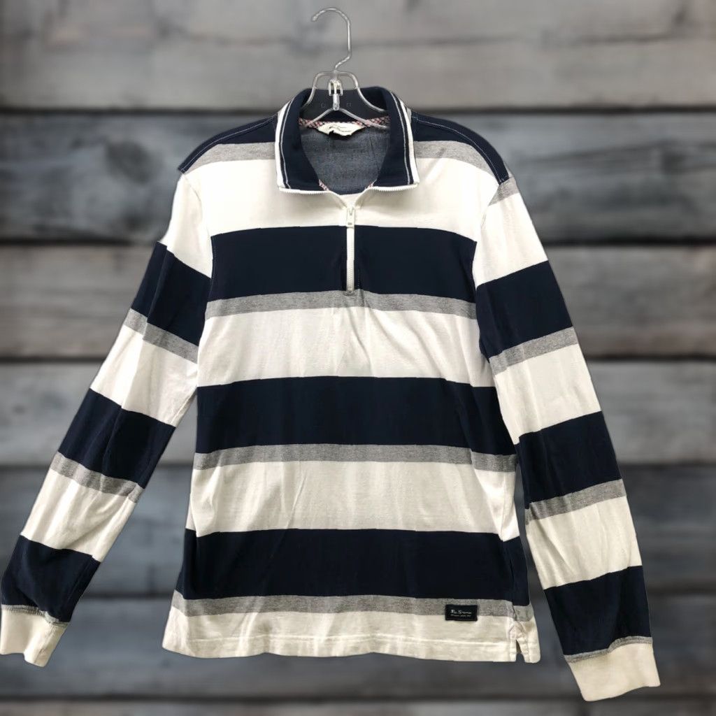 Ben Sherman Ben Sherman Striped 1/4 Zip Long Sleeve Shirt Mens M Cotton Blue Navy Casual Size US M / EU 48-50 / 2 - 1 Thumbnail