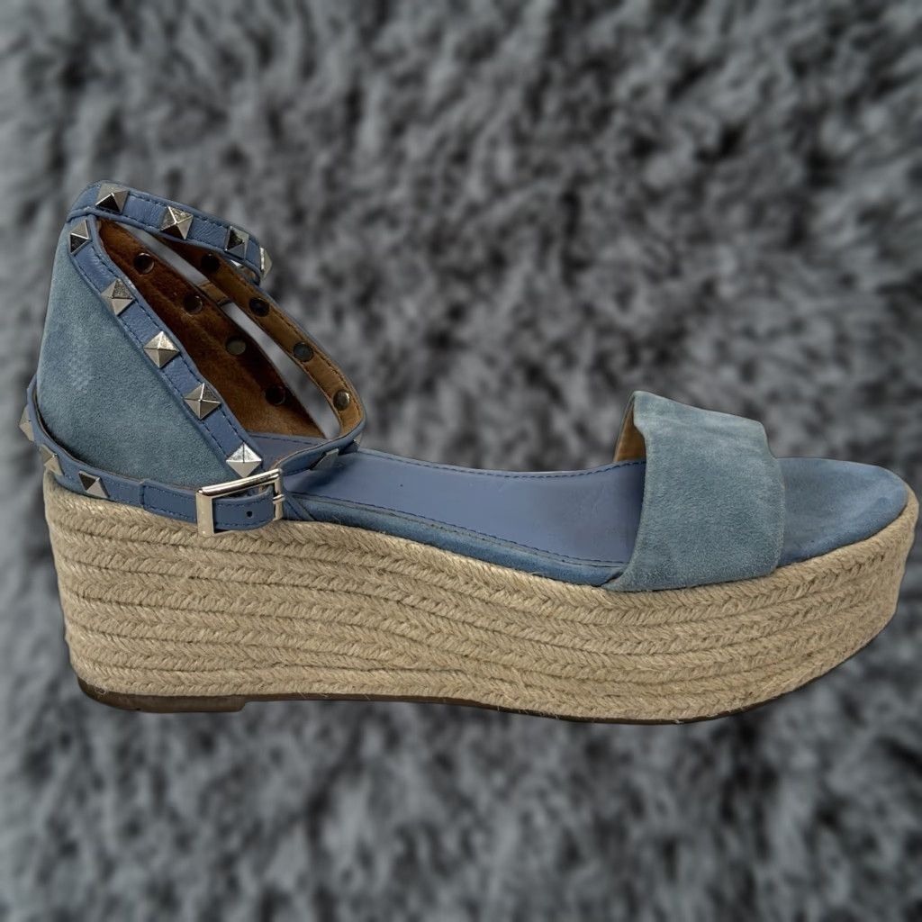 Marc Fisher VINTAGE Marc Fisher Women's Espadrille Sandals Blue Leather Mid Heel Size 7 M Flatform Ankle Strap Size US 7 / IT 37 - 1 Thumbnail