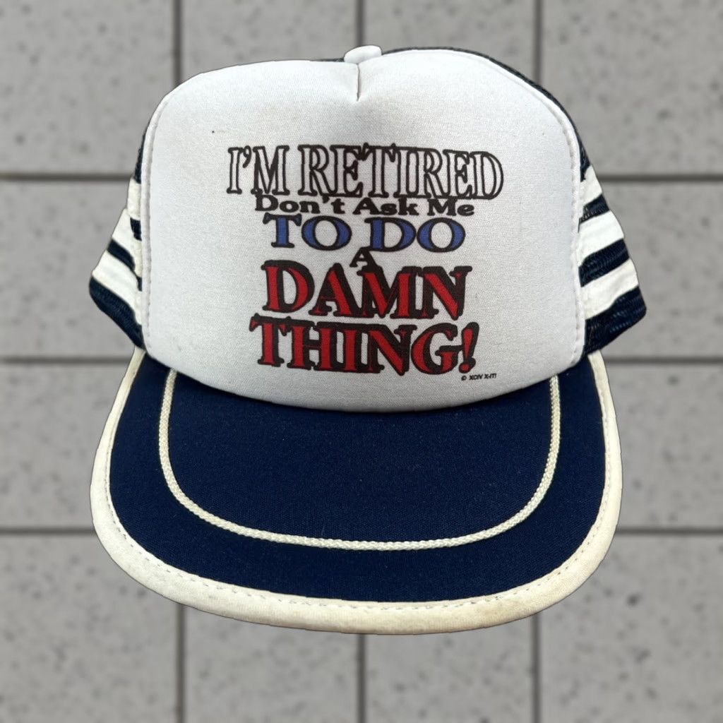 Vintage VINTAGE Nissin Trucker Hat White Blue 3 Three Stripe Hat Men One Size White Blue Nissin Cap Mens snapback shirt? Size ONE SIZE - 1 Thumbnail