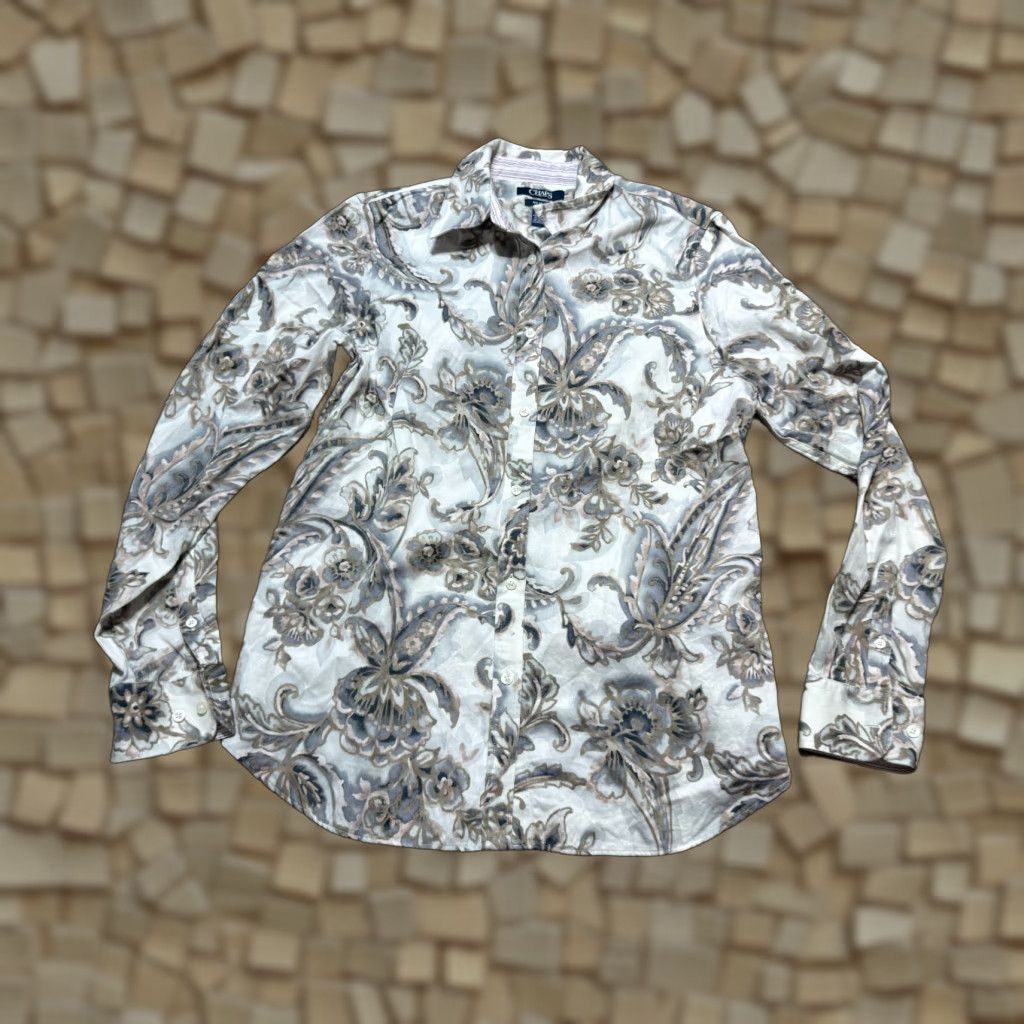 Chaps CHAPS Blouse Women's Medium White Blue Brown Pink Floral Long Sleeve Button Up Size M / US 6-8 / IT 42-44 - 1 Thumbnail